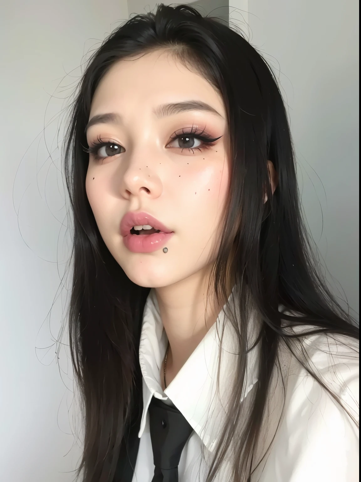tem uma mulher de gravata e camisa branca, cruel korean goth girl, rosto sexy com maquiagem completa, It's Junji's style, maquiagem sul-coreana popular, pale gothic beauty, 1 7 year old goth girl, maquiagem coreana popular, korean symmetrical face, pale porcelain white skin, Gothic makeup, wearing Gothic makeup, maquiagem pesada, com maquiagem profissional, piercing de bolinha abaixo da boca