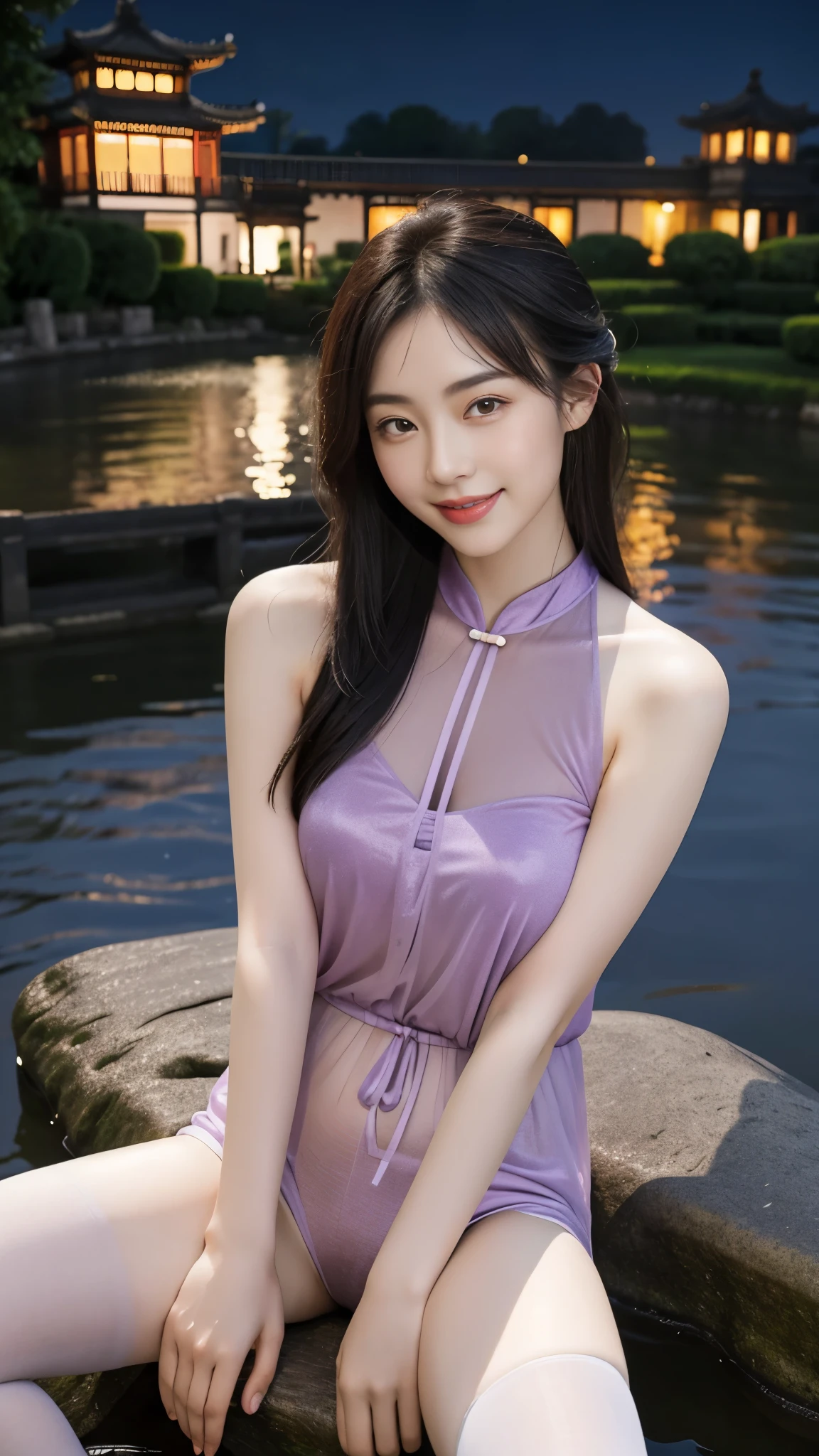 Classic Suzhou Garden, Located in Jiangnan Ancient Town, Small bridge and flowing water, It's raining lightly,night,movie lighting, sonife , masterpiece, Super details,(8K,最好的quality,masterpiece:1.2),(realistically,realistically:1.37),quality,masterpiece,a beautiful woman,huge, Nature(:1.3), (skin glowing:1.1), Smile, (:1.2),Pink and purple,(normal sitting posture,Spectators on the big rock,),(((spread legs apart)))。