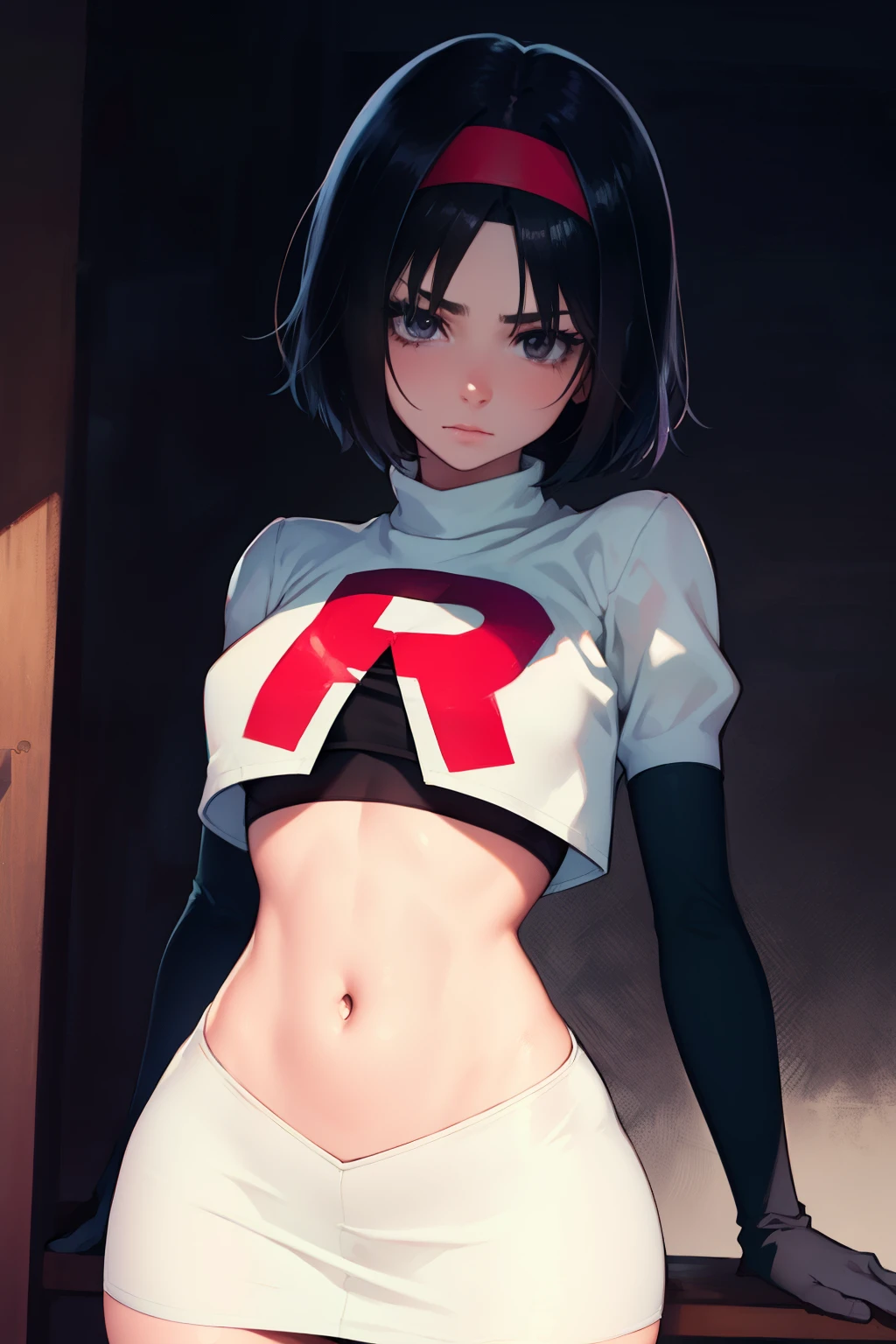 Erik, headband, short hair, grey eyes ,team rocket uniform, red letter R, white skirt,white crop top,black thigh-high boots, black elbow gloves, looking at viewer, cowboy shot,