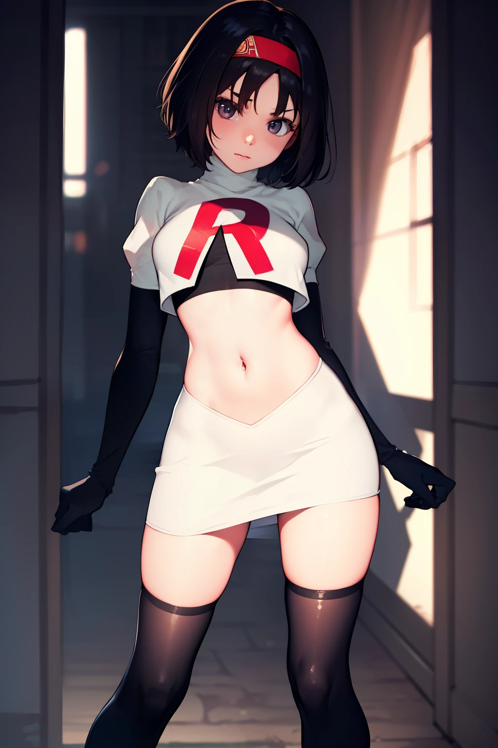 Erik, headband, short hair, grey eyes ,team rocket uniform, red letter R, white skirt,white crop top,black thigh-high boots, black elbow gloves, looking at viewer, cowboy shot,