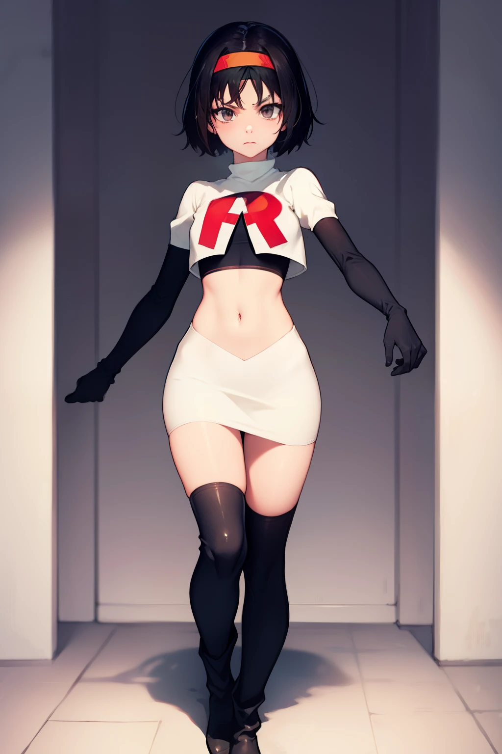 Erik, headband, short hair, grey eyes ,team rocket uniform, red letter R, white skirt,white crop top,black thigh-high boots, black elbow gloves, looking at viewer, cowboy shot,