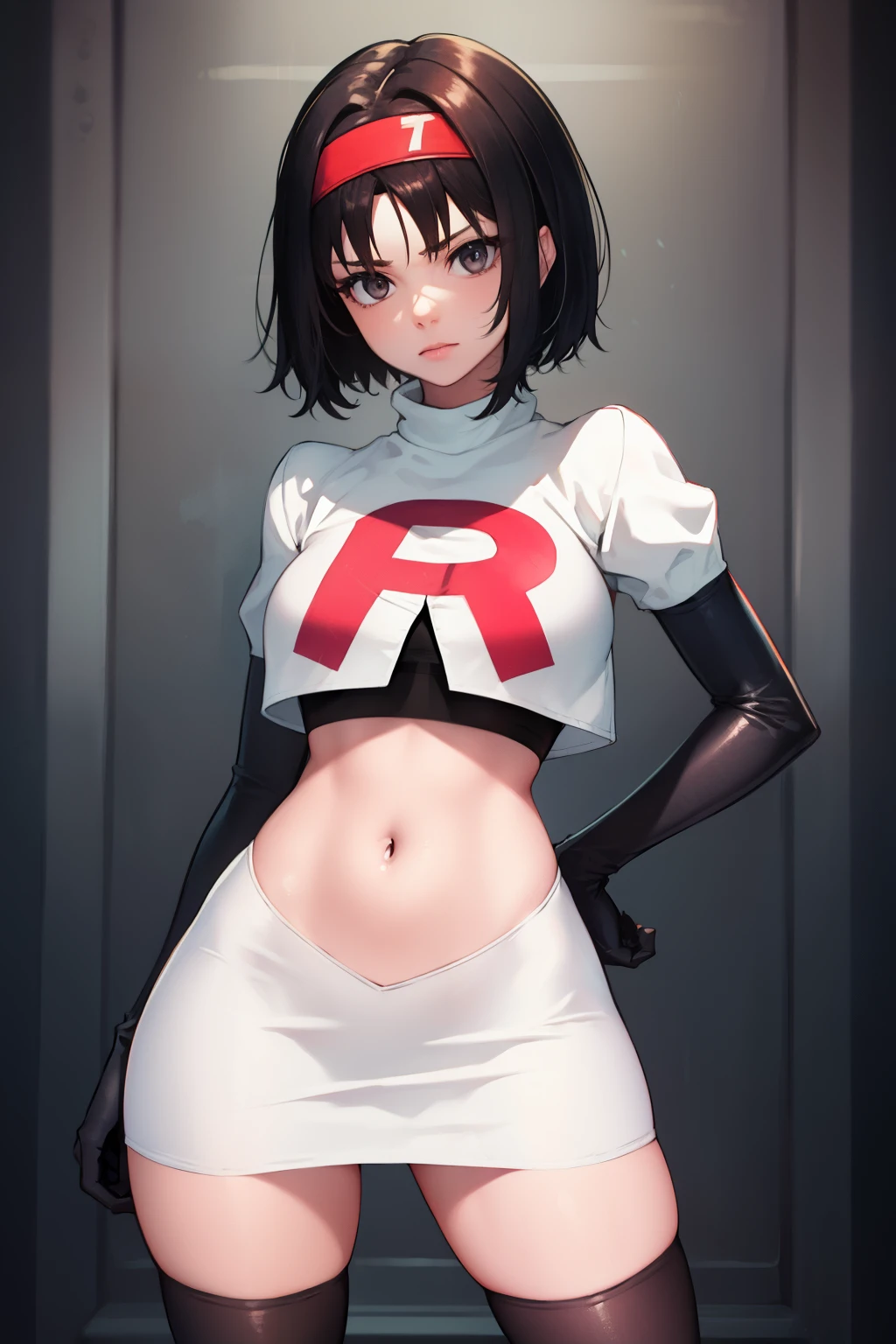 Erik, headband, short hair, grey eyes ,team rocket uniform, red letter R, white skirt,white crop top,black thigh-high boots, black elbow gloves, looking at viewer, cowboy shot,