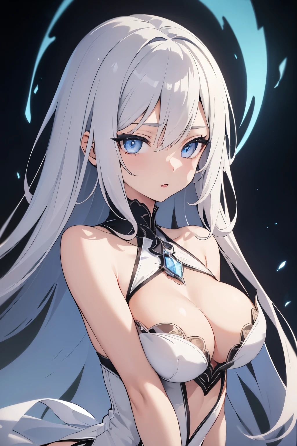 1girl, anime, cute girl, blank background, white background, fantasy, detailed dark fantasy dress with highlights, beautiful face, beautiful eyes, dark colors, silver hair, slightly small breasts, slight cleavage, beautiful skin, cute, breast curtains, extremely delicate and beautiful, (beautiful detailed face:1.0), (detailed deep eyes), symmetrical breasts, deep eyes, shiny skin, portrait, slender waist, hips wider than shoulders, thighs, young girl, expressionless, luminous eyes