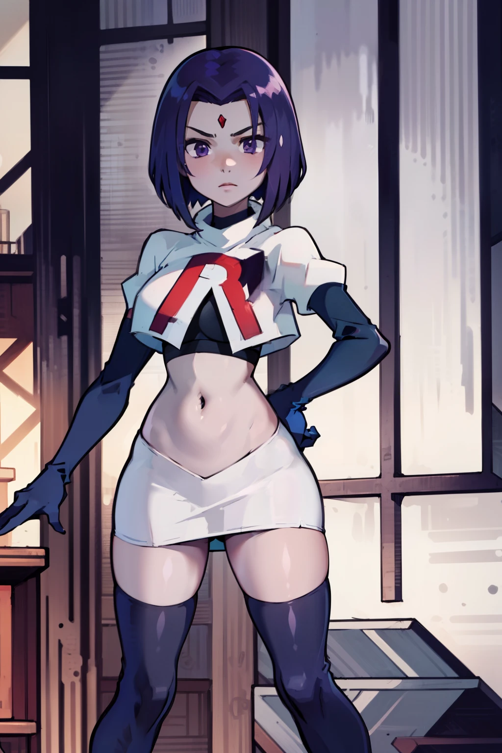 (masterpiece, best quality, ultra-detailed), RavenTT, short hair, purple eyes, (grey skin),team rocket,team rocket uniform, red letter R, white skirt,white crop top,black thigh-highs,black elbow gloves