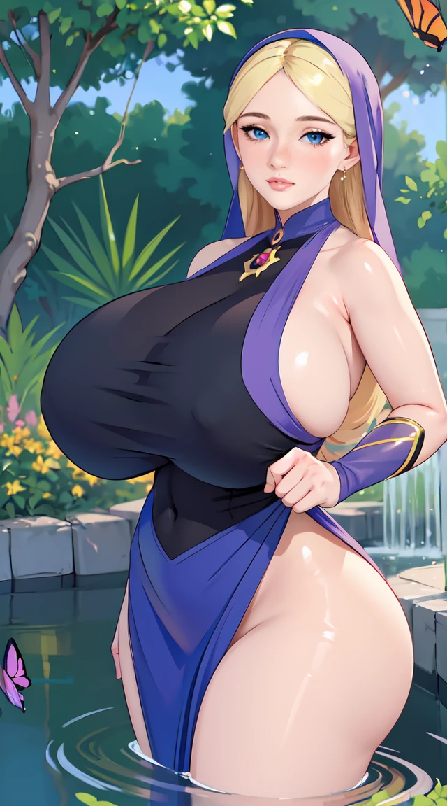 (best quality,4k,8k,highres,masterpiece:1.2),ultra-detailed,(realistic,photorealistic,photo-realistic:1.37,ultra high res,beautiful detailed face,perfect feminine face),portraits,beautiful detailed eyes,(gigantic breasts:1.4),covered breasts,nsfw breasts,long eyelashes,beautiful detailed lips,extremely detailed eyes and face,gorgeous detailed face,a mix Asian and Russian woman in hijab,wearing vibrant colored hijab,graceful and elegant figure,sparkling jewelry on her neck and wrists,standing in a blooming flower garden,with colorful flowers all around her,butterflies dancing in the air,sunlight casting a gentle glow on her face,soft and warm lighting,subtle shadows enhancing her features,vivid colors reflecting her vibrant personality,a delicate balance of traditional and modern elements,her eyes radiating confidence and strength,peaceful and serene expression,an aura of grace and beauty, by william-adolphe bouguereau, alphonse mucha, greg rutkowski