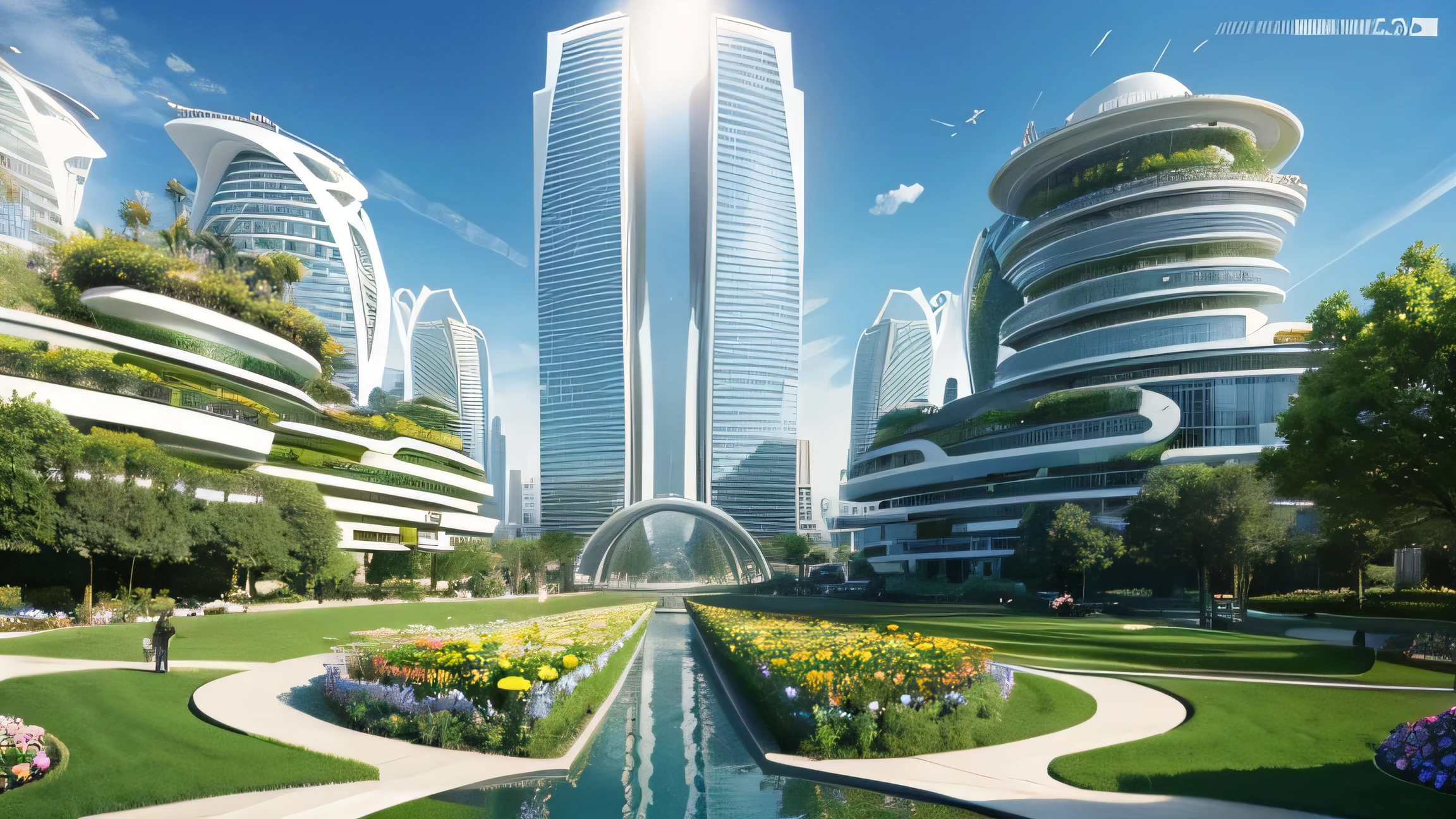 The garden city of the future，There are many big flowers in the architectural form of future city architecture uu。surreal exaggeration，Symmetrical composition