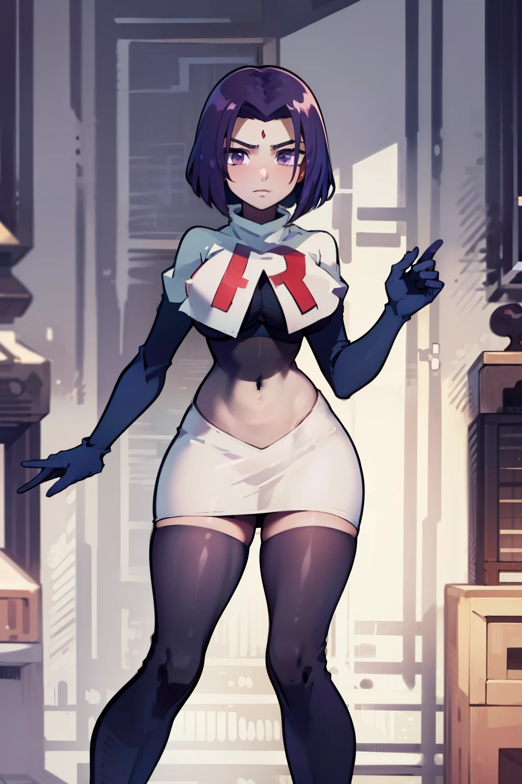 (masterpiece, best quality, ultra-detailed), RavenTT, short hair, purple eyes, (grey skin),team rocket,team rocket uniform, red letter R, white skirt,white crop top,black thigh-highs,black elbow gloves