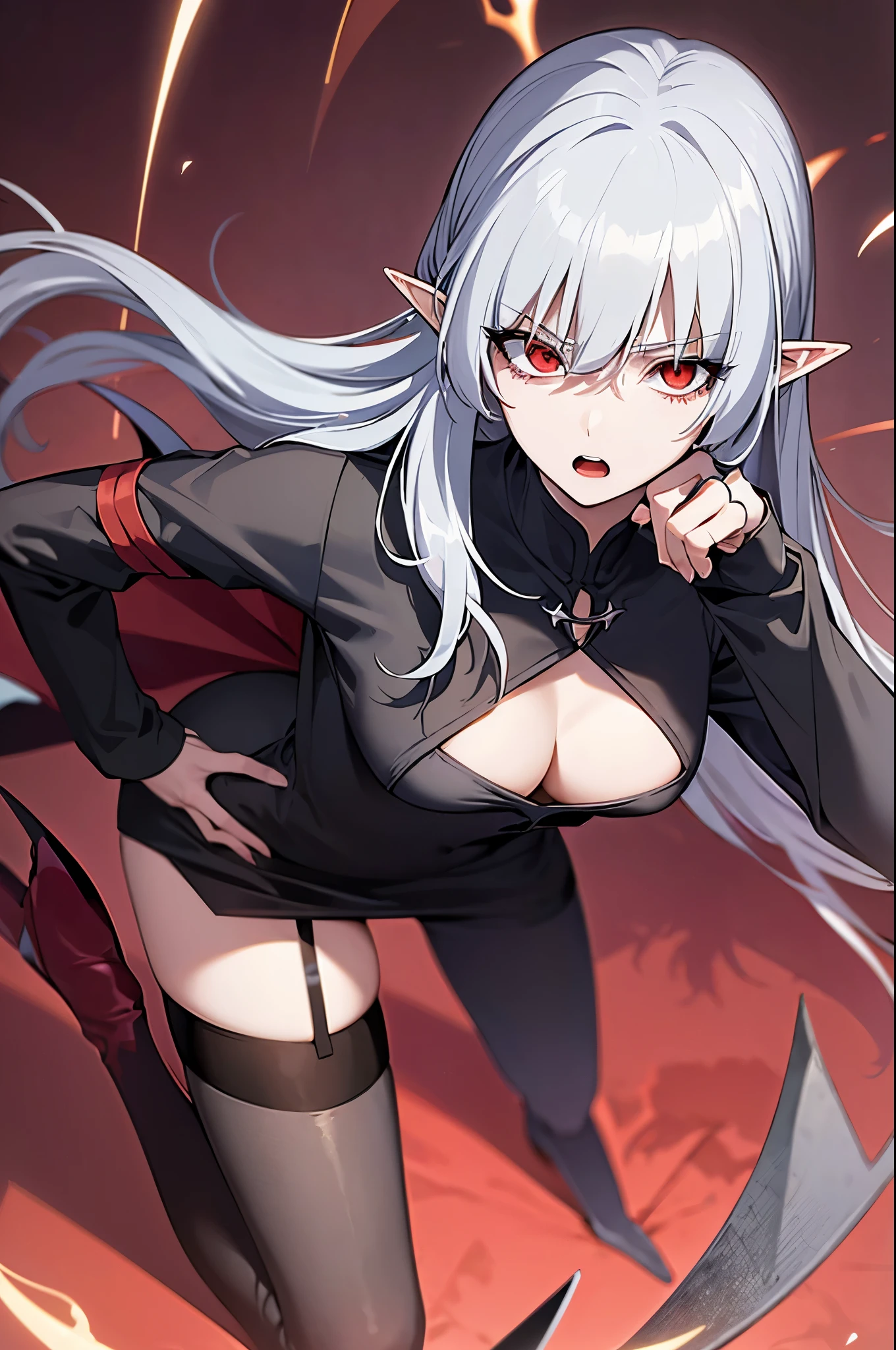 alice,vampire,grey hair, long hair, red eyes, pointy ears, small breasts,black dress, cleavage cutout, long sleeves, thighhighs, thigh strip