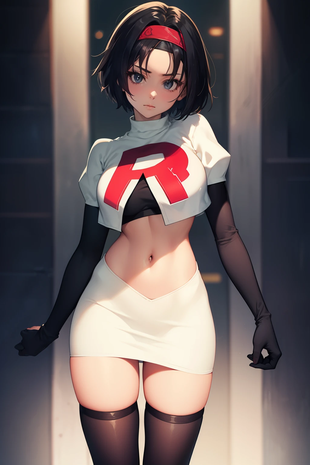 Erik, headband, short hair, grey eyes ,team rocket uniform, red letter R, white skirt,white crop top,black thigh-high boots, black elbow gloves, looking at viewer, cowboy shot,