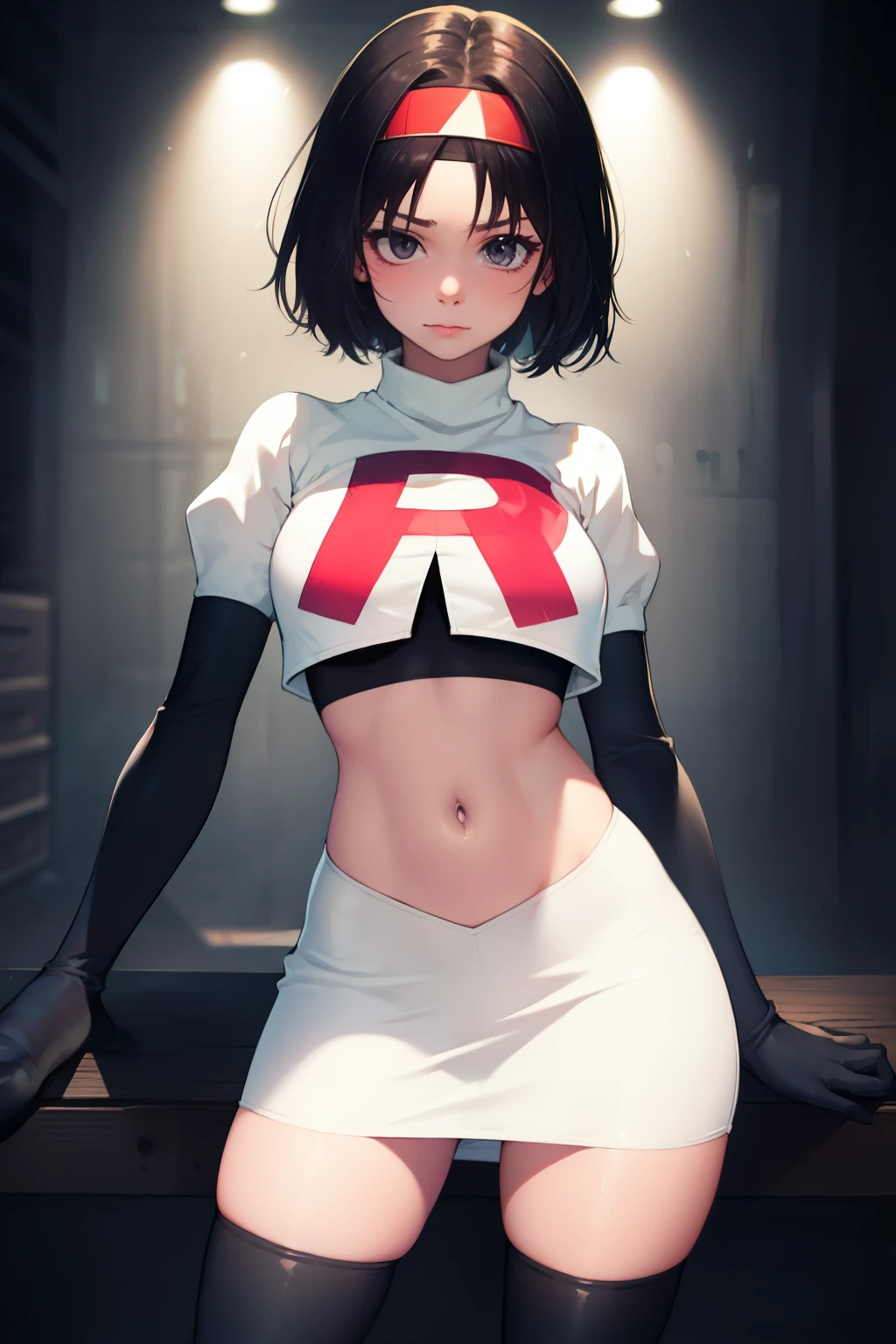 Erik, headband, short hair, grey eyes ,team rocket uniform, red letter R, white skirt,white crop top,black thigh-high boots, black elbow gloves, looking at viewer, cowboy shot,