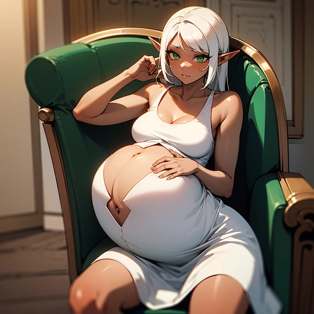 (((I want a pregnant elf woman, dark skin, white hair and green eyes, with full breasts and a thin waist, sitting alone in an armchair, wearing a white dress while stroking her belly)))