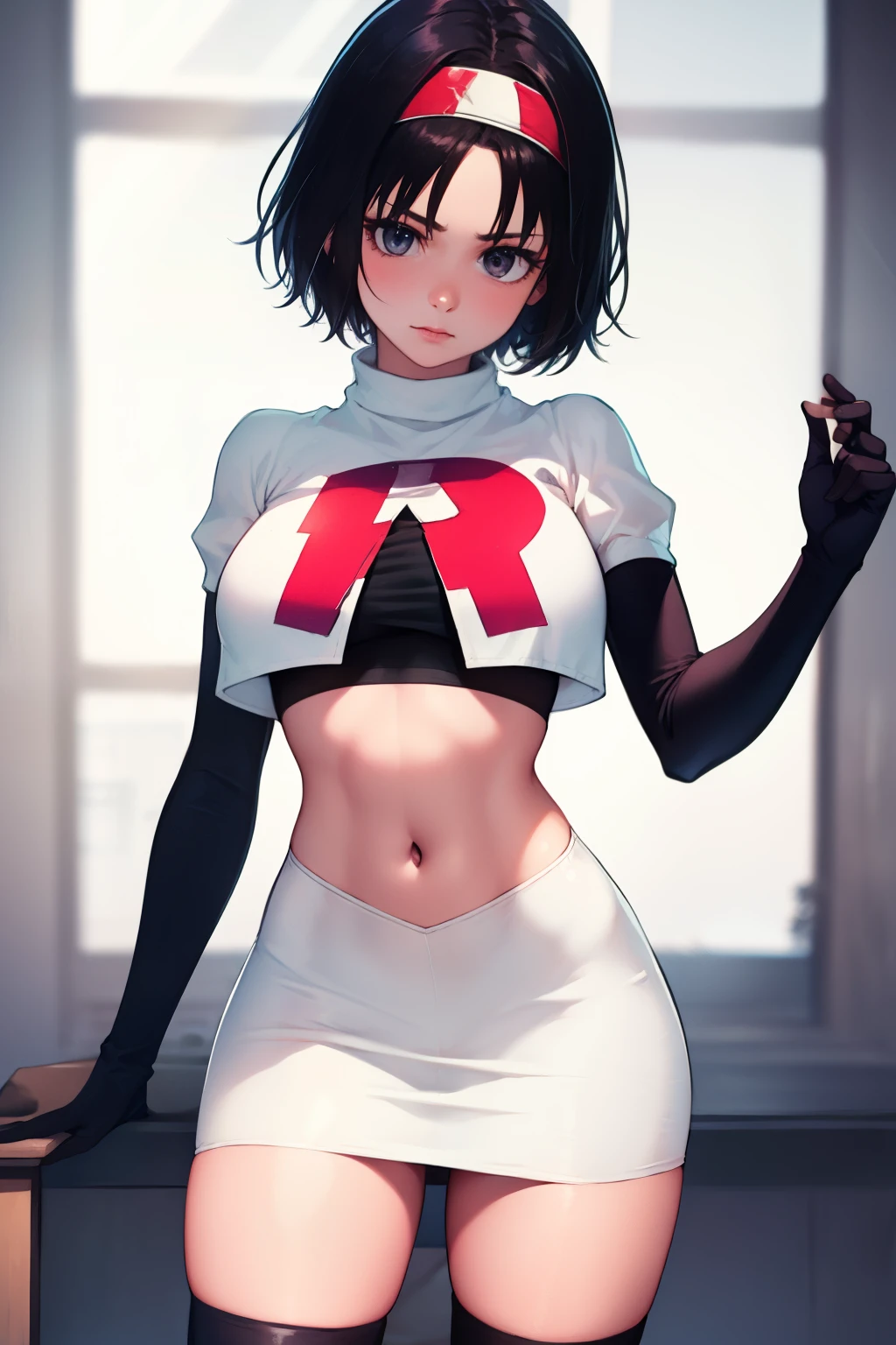 Erik, headband, short hair, grey eyes ,team rocket uniform, red letter R, white skirt,white crop top,black thigh-high boots, black elbow gloves, looking at viewer, cowboy shot,