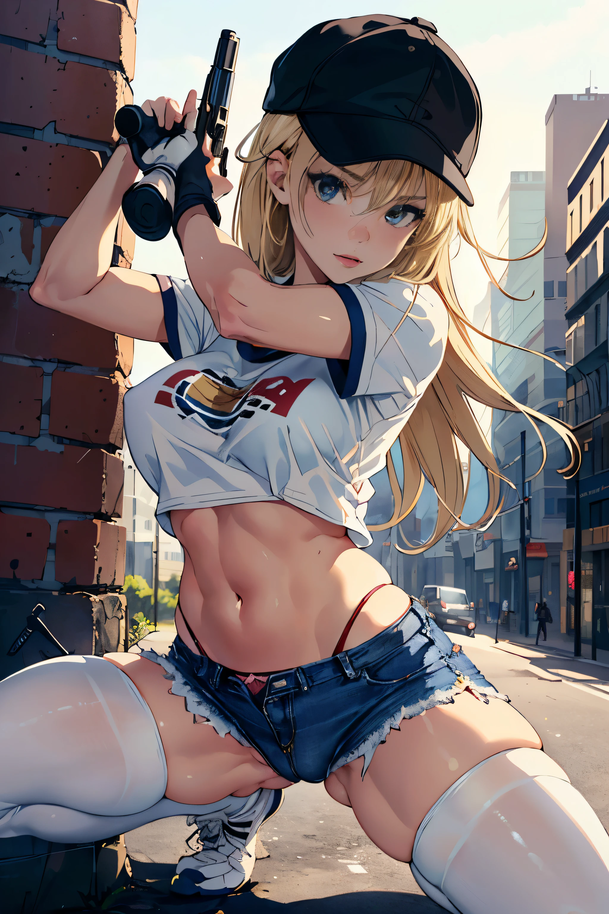 masterpiece, super detailed, 8K portrait, Raw photo, portrait photography, highly detailed face, beautiful and detailed eyes, Close-up of a woman wearing a white T-shirt and micro denim hot pants and holding a gun, blonde long hair, baseball cap, small details. female action girl, full body portfolio, shooting gun action, big ass, pants line, ((Panties that dig into the crotch)), socks, sneakers, dull bangs, adult woman, belly button, crack, ((camel toe)), midday sun, surreal, body model, beautiful breasts, long legs, on the urban battlefield, environmental lighting, shadow details, focus the camera on the face, strong wind, light fog