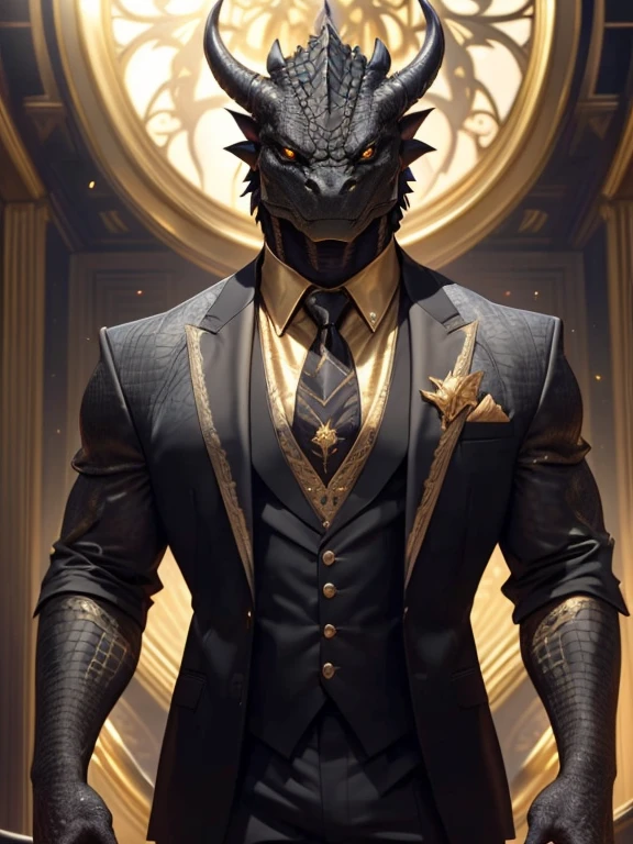 (black dragonborn, male, black horns, solo portrait, black scales, scales, reptilian face, golden eyes) tail, buff, jet black suit, gold tie, jet black dress shirt, gold vest, close-up, standing inside, good lighting, daytime, infront of temple ((masterpiece, best quality)), art by greg rutkowski