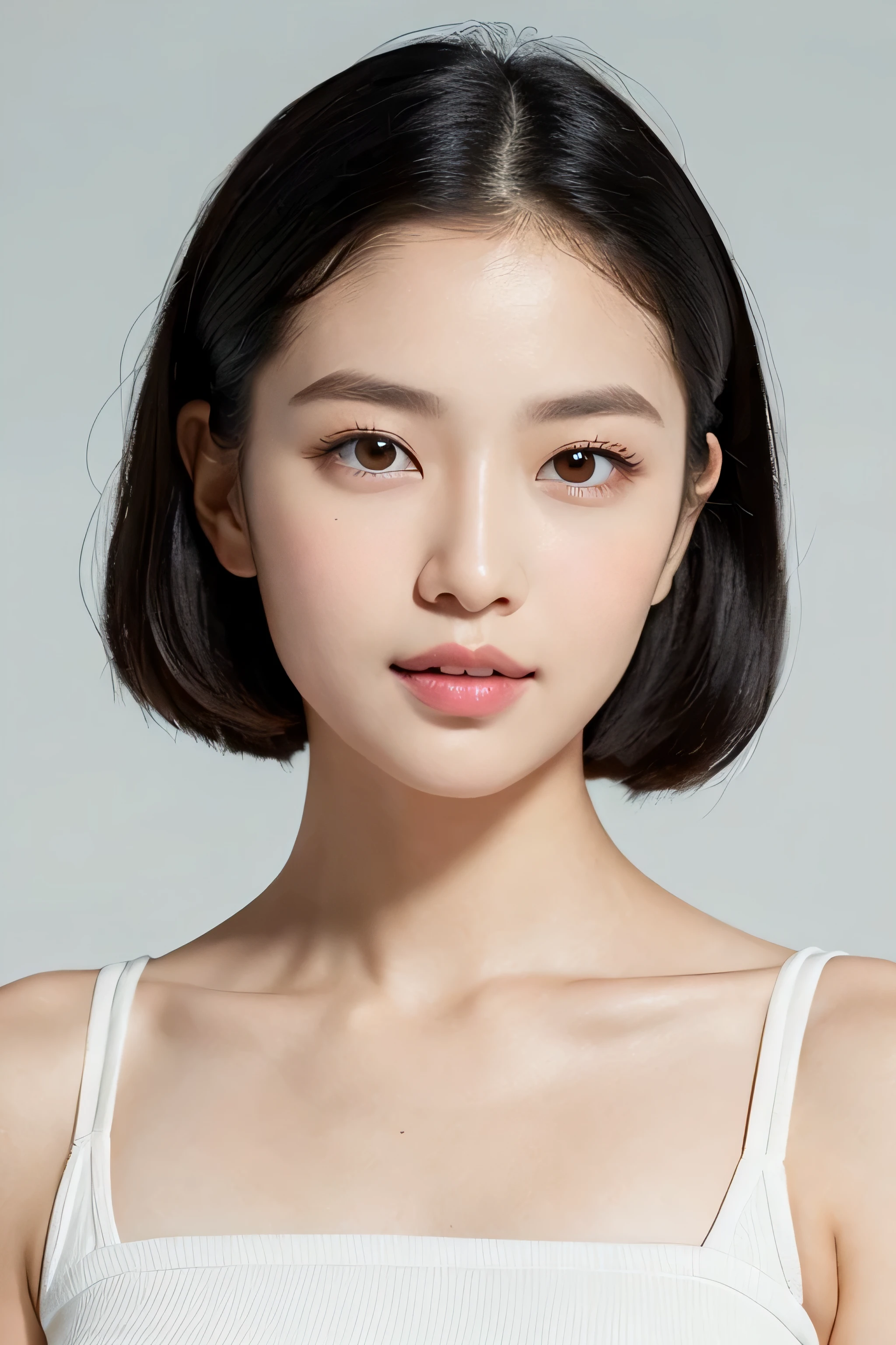 potrait of a young asian girl,short natural black hair, wearing white tube top, vibrant eyes, hand on chin, smooth, flawless skin, glowing complexion, silky touch, even texture, blemish-free, radiant appearance, youthful look, soft and supple skin, poreless, perfect skin tone, porcelain-like complexion, velvety smoothness, dewy and fresh skin, natural beauty, healthy and vibrant skin, upper shot, masterpiece