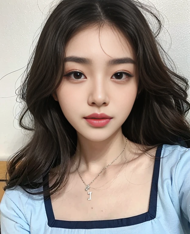 Close-up of a woman with long hair in a blue shirt, 年轻cute korean face, Urzan, Minami Zaiwa, korean girl, Korean symmetrical face, Korean facial features, Korean popular makeup, Cui Xianhua, beautiful korean woman, cute korean face, Beautiful young Korean woman, Korean popular makeup, Beautiful young Korean woman