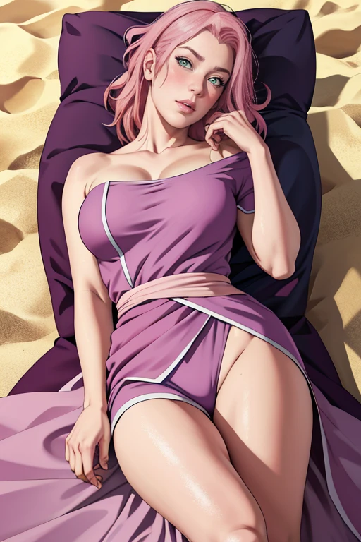 masterpiece, absurdres, sakura\(boruto\), 1girl, solo, mature female, wearing purple gown, perfect composition, detailed lips, big breast, beautiful face, body proportion, blush, (pink lips), long pink hair, hair over shoulder, Green-eyed, soft gaze, super realistic, detailed, photoshoot, realistic face and body, lying on beach, top view, looking at viewer