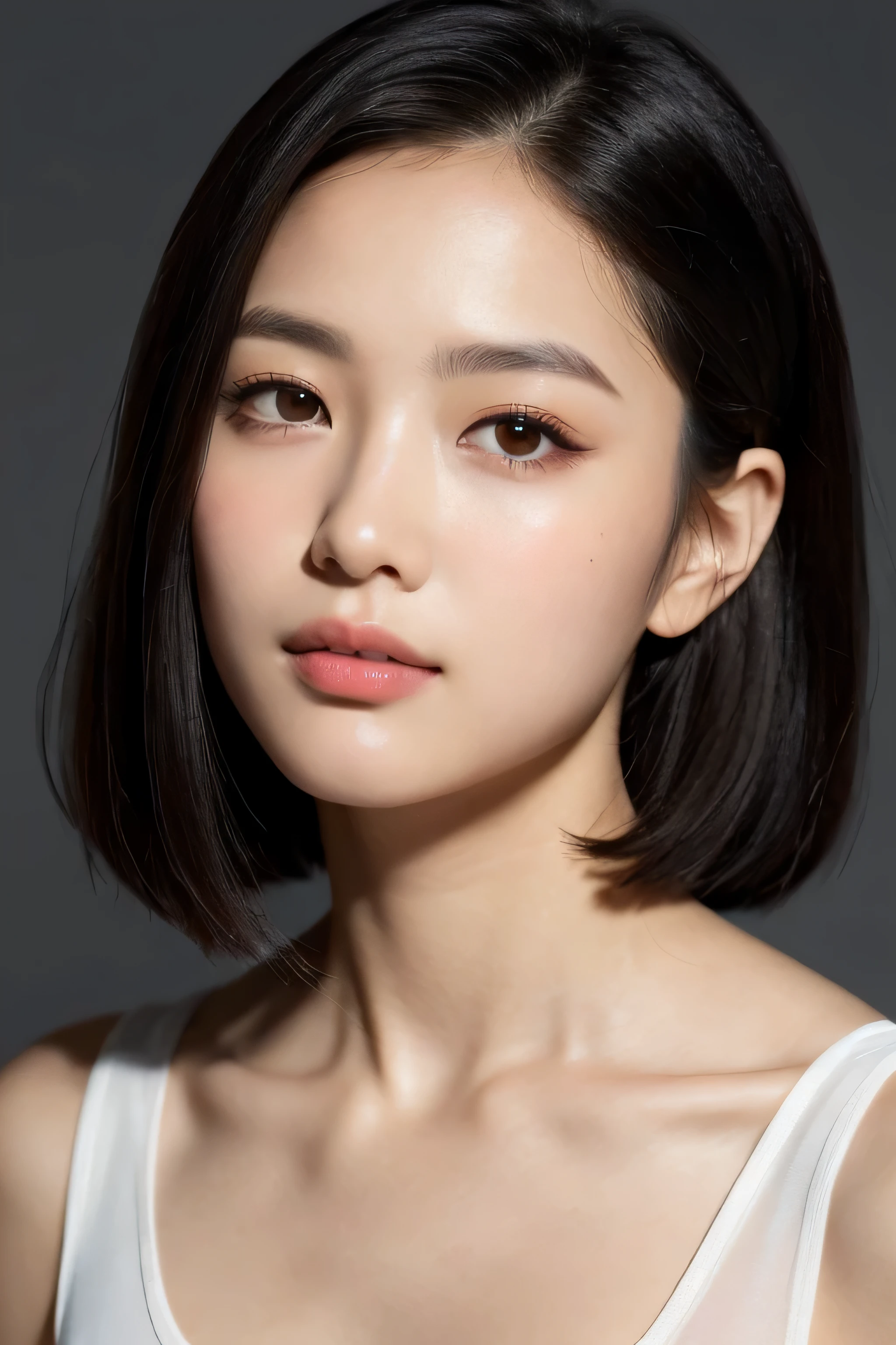 potrait of a young asian girl,short natural black hair, wearing white tube top, vibrant eyes, hand on chin, smooth, flawless skin, glowing complexion, silky touch, even texture, blemish-free, radiant appearance, youthful look, soft and supple skin, poreless, perfect skin tone, porcelain-like complexion, velvety smoothness, dewy and fresh skin, natural beauty, healthy and vibrant skin, upper shot, masterpiece