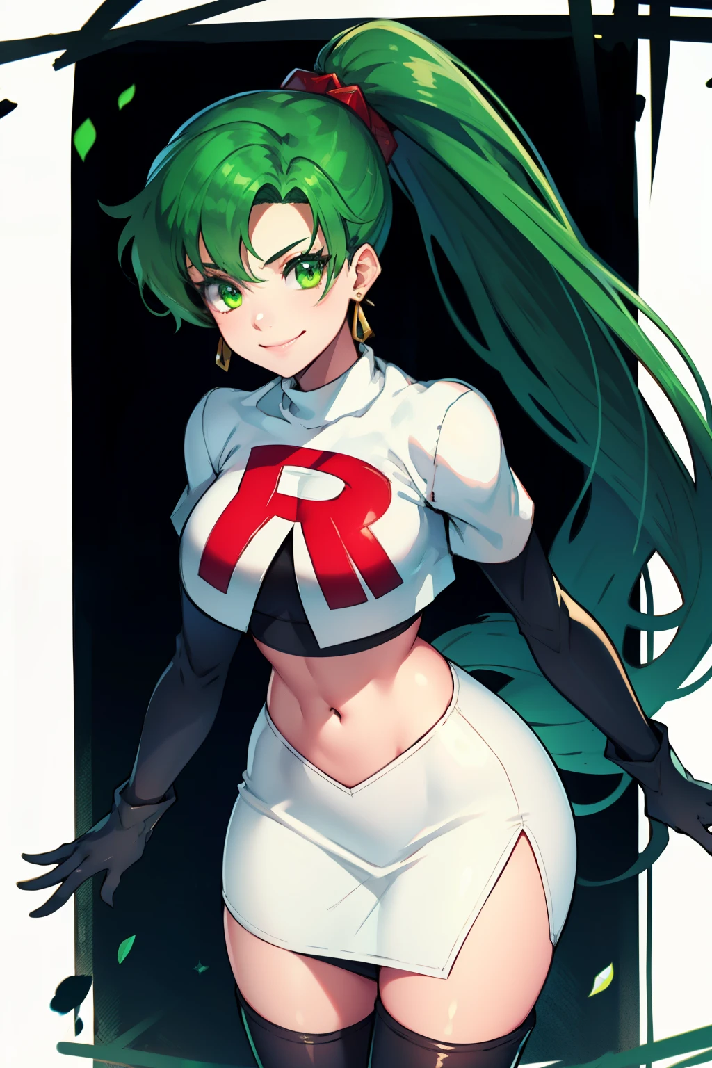 lyn, ponytail, green eyes, green hair, earrings ,team rocket uniform, red letter R, white skirt,white crop top,black thigh-high boots, black elbow gloves, evil smile, looking at viewer, cowboy shot, 