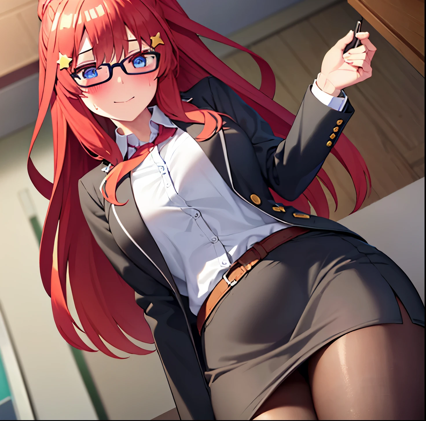 , , mksks style, detailed background, 1 girl, alone, Itsuki Nakano, aged, mature female, star hair ornament, long hair, red hair, Choke, bangs, hair amazing eyes, ponytail, blue eyes, big breasts , Office girl, red glasses, bottom, black suit jacket, collared jacket, white dress shirt, collared shirt, neckline, buttons, lanyard, ID card on the neck, black pencil skirt, black pantyhose, smile, blushing, looking at viewer,pov(from below), seductive, embarrassed, office, desk, computer, interior, ((sweat blushing, large breasts, medium waist, wide hips, medium thighs, good anatomy good hands