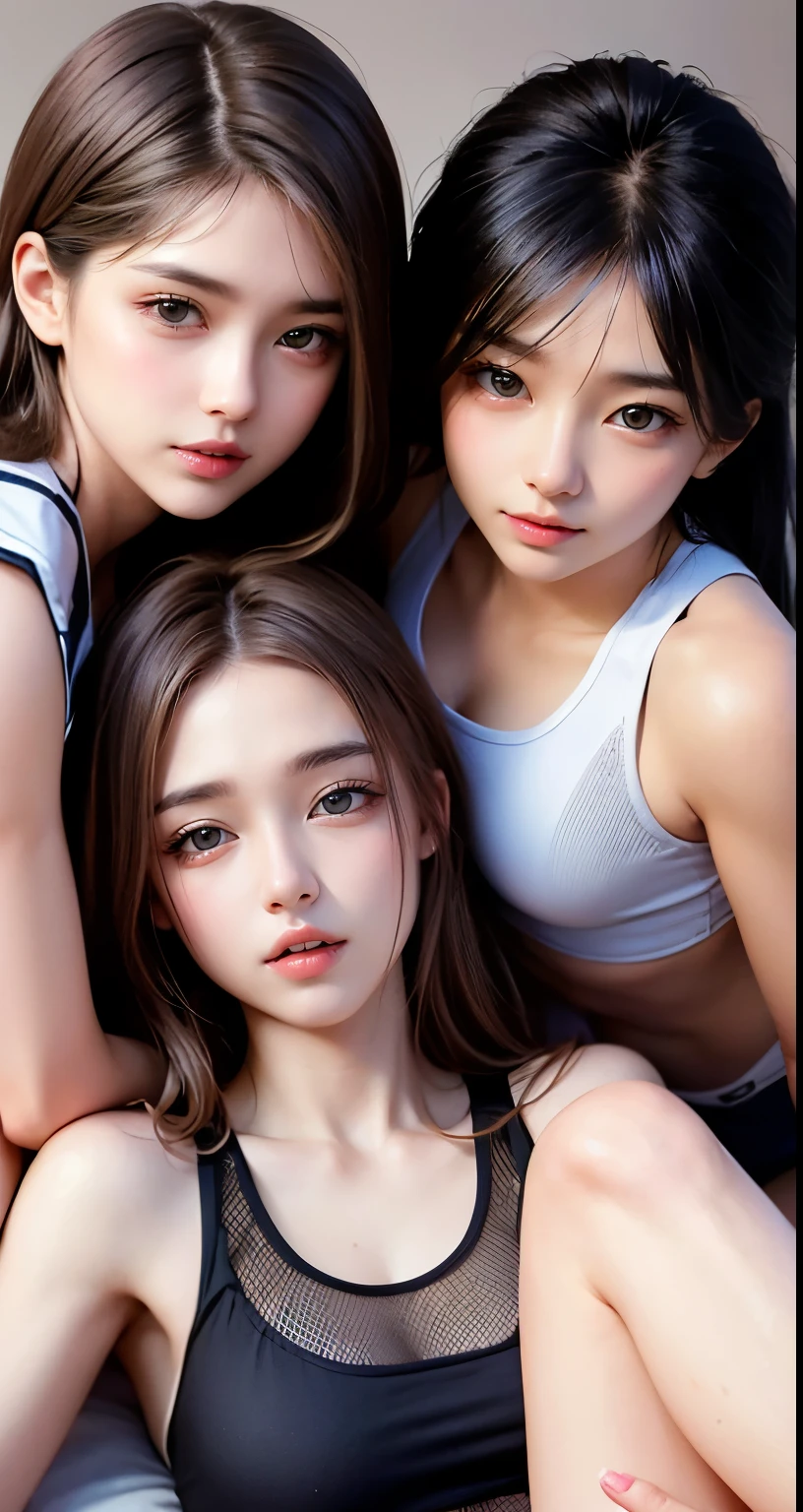 Supermodel、perfect details、beautiful girl、Three girls stare at the screen　3 girls、sportswear