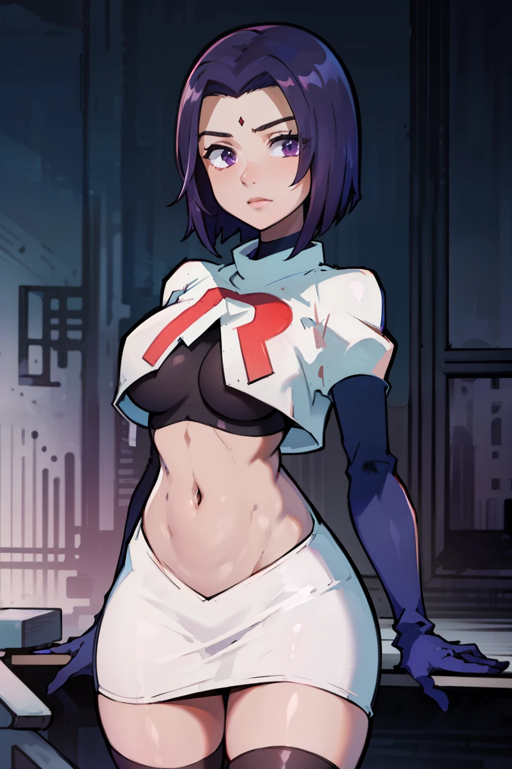 (masterpiece, best quality, ultra-detailed), RavenTT, short hair, purple eyes, (grey skin),team rocket,team rocket uniform, red letter R, white skirt,white crop top,black thigh-highs,black elbow gloves, medium breasts