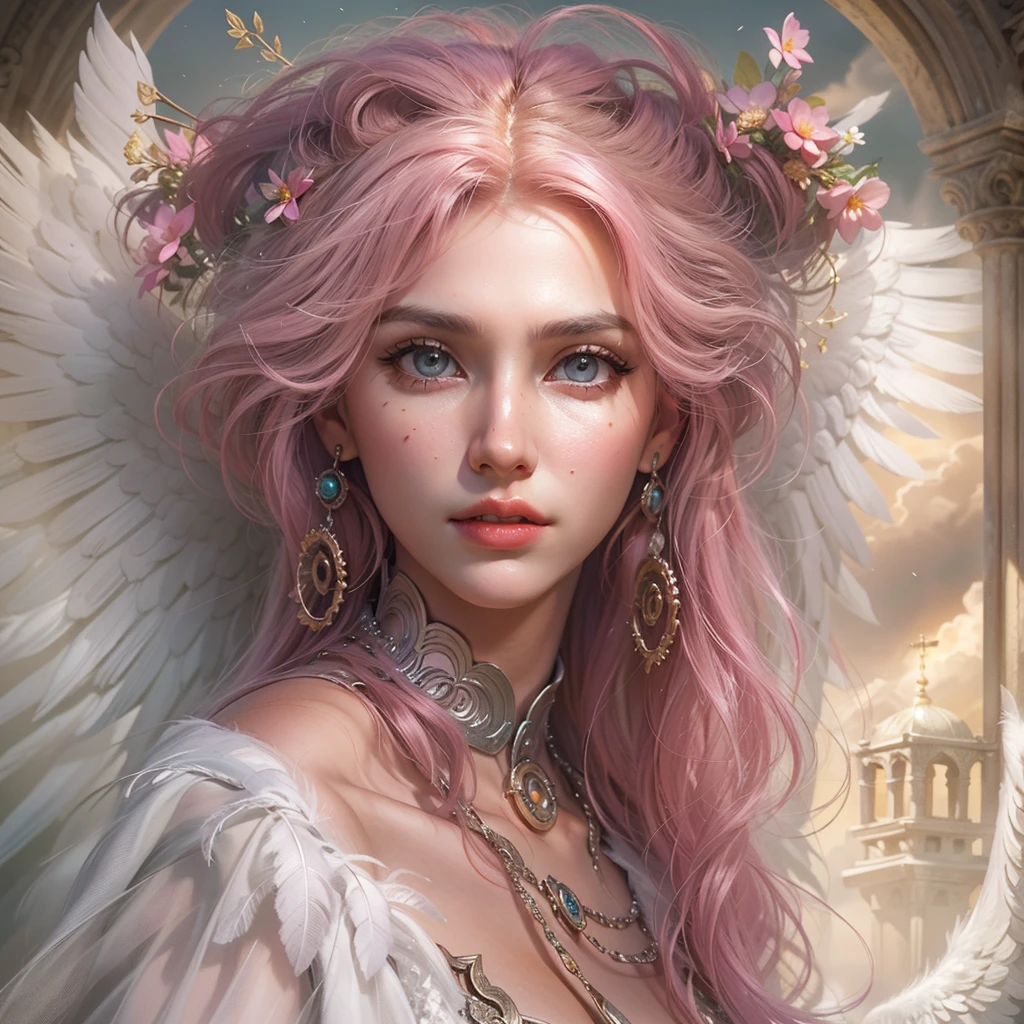 (award-winning masterpieces galore, incredibly detailed, textured and maximally detailed), (hyper realistic:1.4), (realistic:1.3), (top quality realistic textured skin), (dense perfect circle symmetrically beautifully rendered eyes), (angelic light Circle of Divine Radiance Overhead: 1.8), ((Medieval World)), (Black Angel of the Lord or White Angel of the Lord: 1.6), (Full Length Standing Image: 1.8), (Beautiful Kind Eyes), (Loving Beautiful Colored Eyes), (Magnificent Cloud Masses and Sky), (Halo Optical Phenomenon: 1.3), (Dramatic light), (majestic scene), (so beautiful in its expression of serenity and tenderness), ((big old wings with pure white feathers behind shoulders)), flower earrings on ears, (((dramatic photo))), (twilight), (sunset), (dusk), (sacred pose)), (pink hair), (chestnut hair ), flower garden, (elaborately crafted necklace around her neck), old ruins infested with plants, great temple, cathedral, ruins of temple, temple away from temple, (glowing magic circle), ruins of ancient castle, deserted ruins, crumbling ruins, ancient ruins with clear water, holy light, epic realistic, ((neutral color )), (HDR:1.5), (subdued colors:1.2), highly detailed, cinematic, warm light, dramatic light, (complex details:1.1), complex background, petals, pastel colors