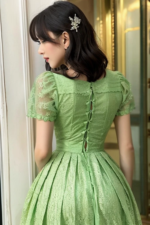 asian hd，Clear and concise lines, Green dress and beautiful pleated lace complement each other perfectly, Enriches the layering of the entire picture, Elegant Edwardian lace dresses and princess skirts complement the characters, Hand gesture behind the back , It also shows the gentle and elegant side of women.