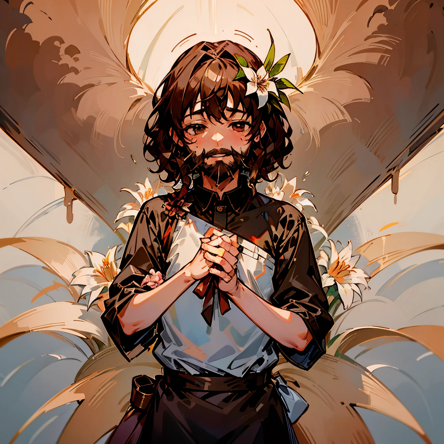 male, 38 years old, Jewish, direct, short hair, brown hair, curls, full beard, purity, carpenter profession, carpenter clothing, focus, face and hands, landscape of various flowers, lily, hands holding bunch of lily, 8K, barbarous, Yingshi. Joseph