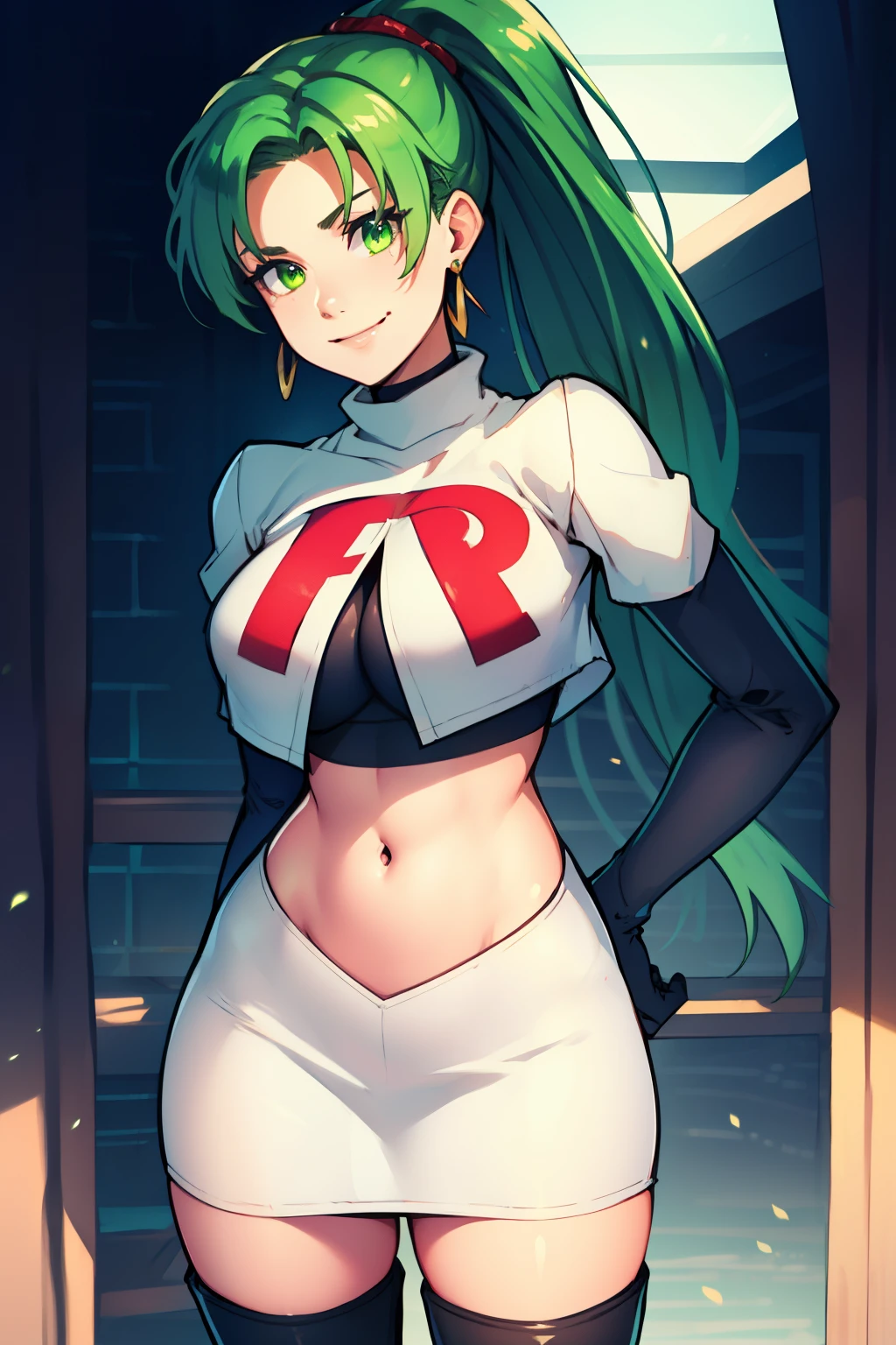 lyn, ponytail, green eyes, green hair, earrings ,team rocket uniform, red letter R, white skirt,white crop top,black thigh-high boots, black elbow gloves, evil smile, looking at viewer, cowboy shot, 