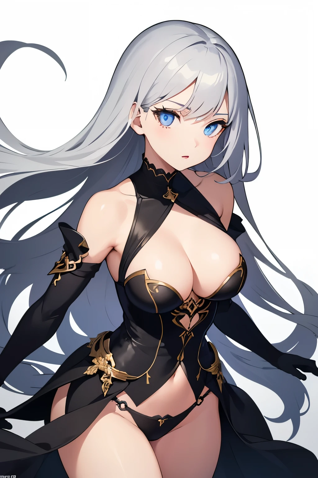 1girl, anime, cute girl, blank background, white background, fantasy, detailed dark fantasy dress with highlights, beautiful face, beautiful eyes, dark colors, silver hair, slightly small breasts, slight cleavage, beautiful skin, cute, breast curtains, extremely delicate and beautiful, (beautiful detailed face:1.0), (detailed deep eyes), symmetrical breasts, deep eyes, shiny skin, portrait, slender waist, hips wider than shoulders, thighs, young girl, expressionless, luminous eyes