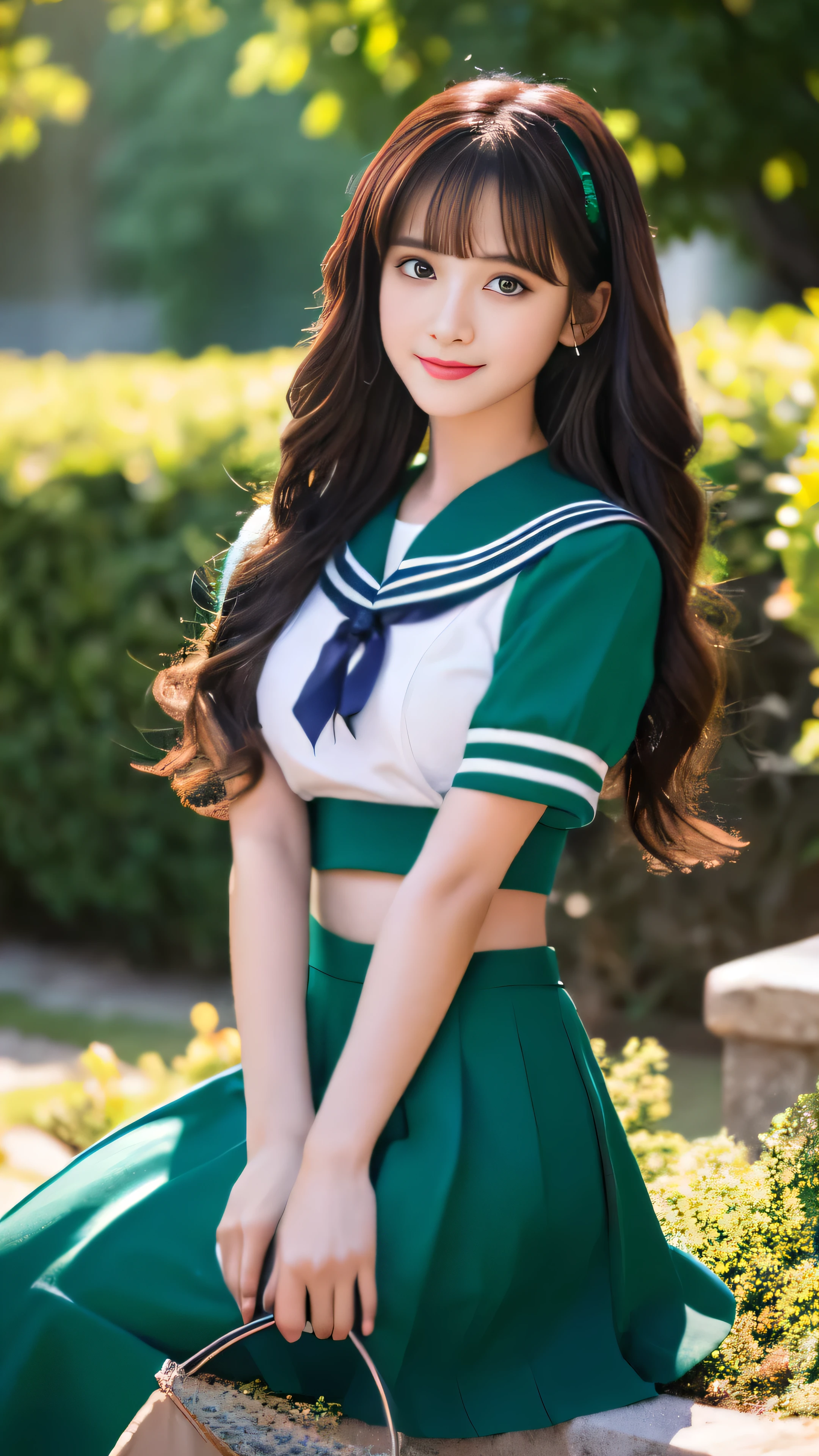 (Extreme Detail CG Unity 8K Wallpaper, masterpiece, highest quality), (exquisite light and shadow, very dramatic photo, cinematic lens effects), (sailor moon: 1.4), delicate features, cute smile, star eyes, ((dark green hair)), tight top, white gloves, mini skirt, dynamic pose, sitting in the garden), (Garden background full of flowers) (excellent details, outstanding lighting, wide angle), (excellent rendering, Enough to be proud of its species),