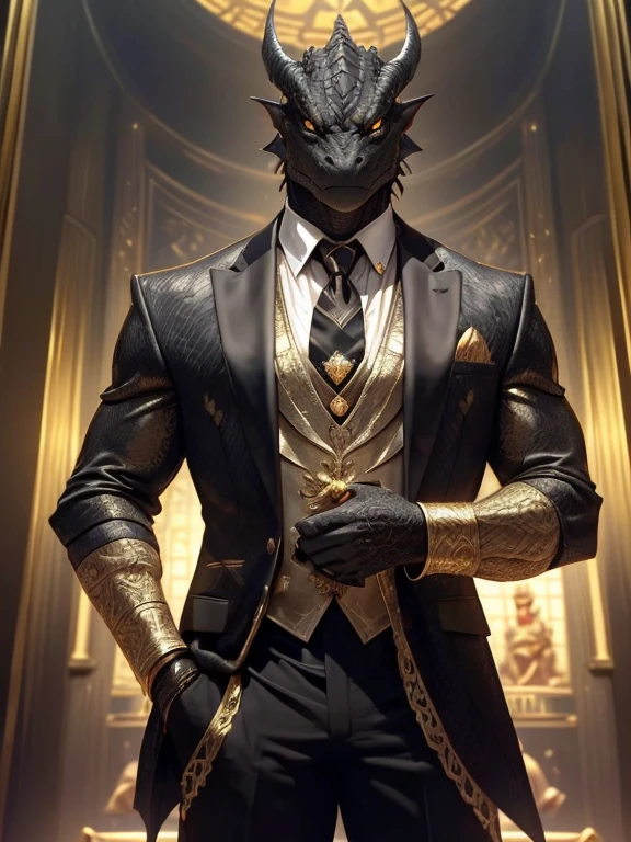 (black dragonborn, male, black horns, solo portrait, black scales, scales, reptilian face, golden eyes) tail, buff, jet black suit, long sleeves, gold cufflinks, gold tie, jet black dress shirt, gold vest, close-up, standing inside, good lighting, daytime, infront of temple ((masterpiece, best quality)), art by greg rutkowski