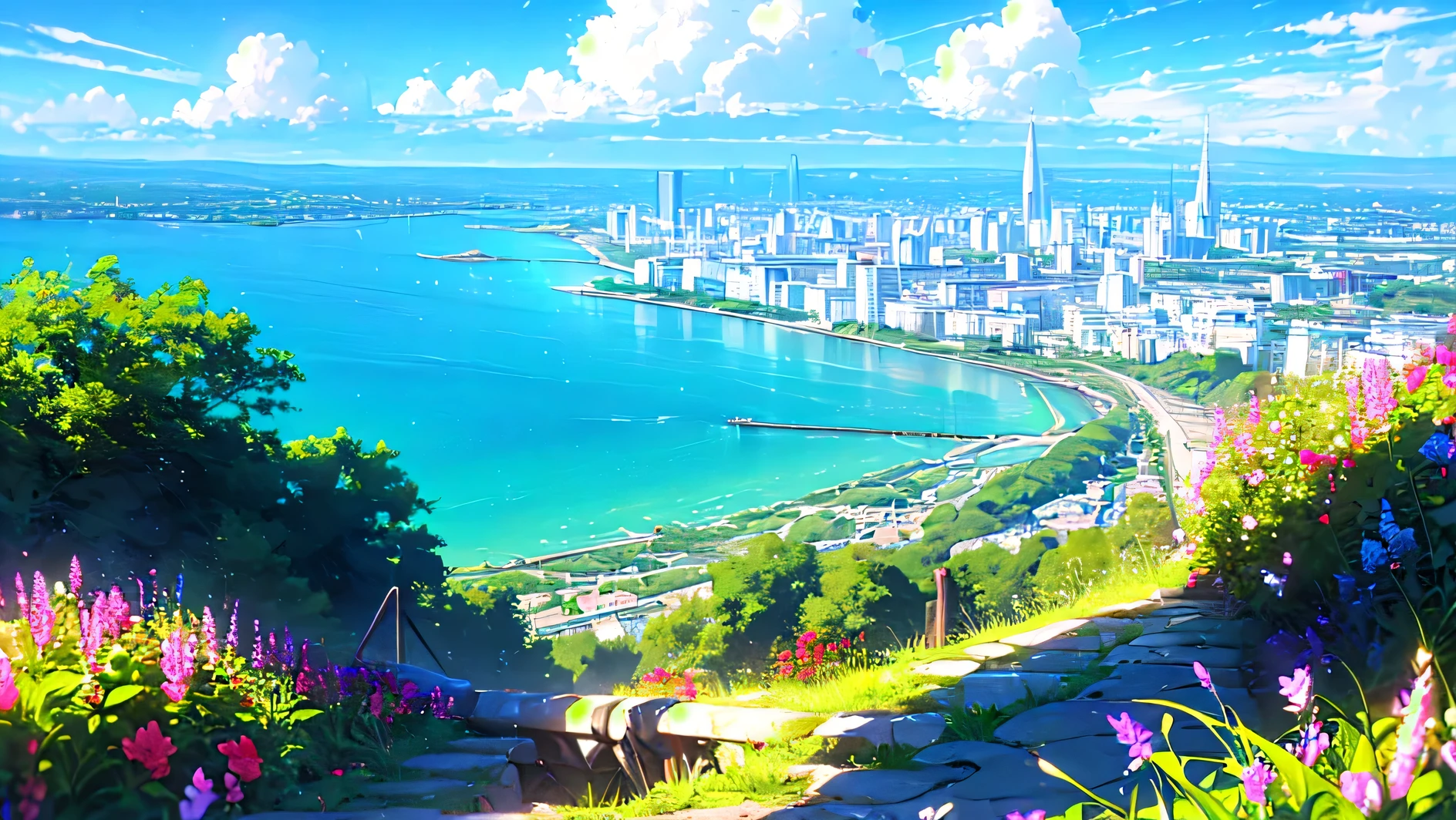 beautiful sea with the sky and the sun in the clouds, a lot of flowers city in the summer in the background 10 am