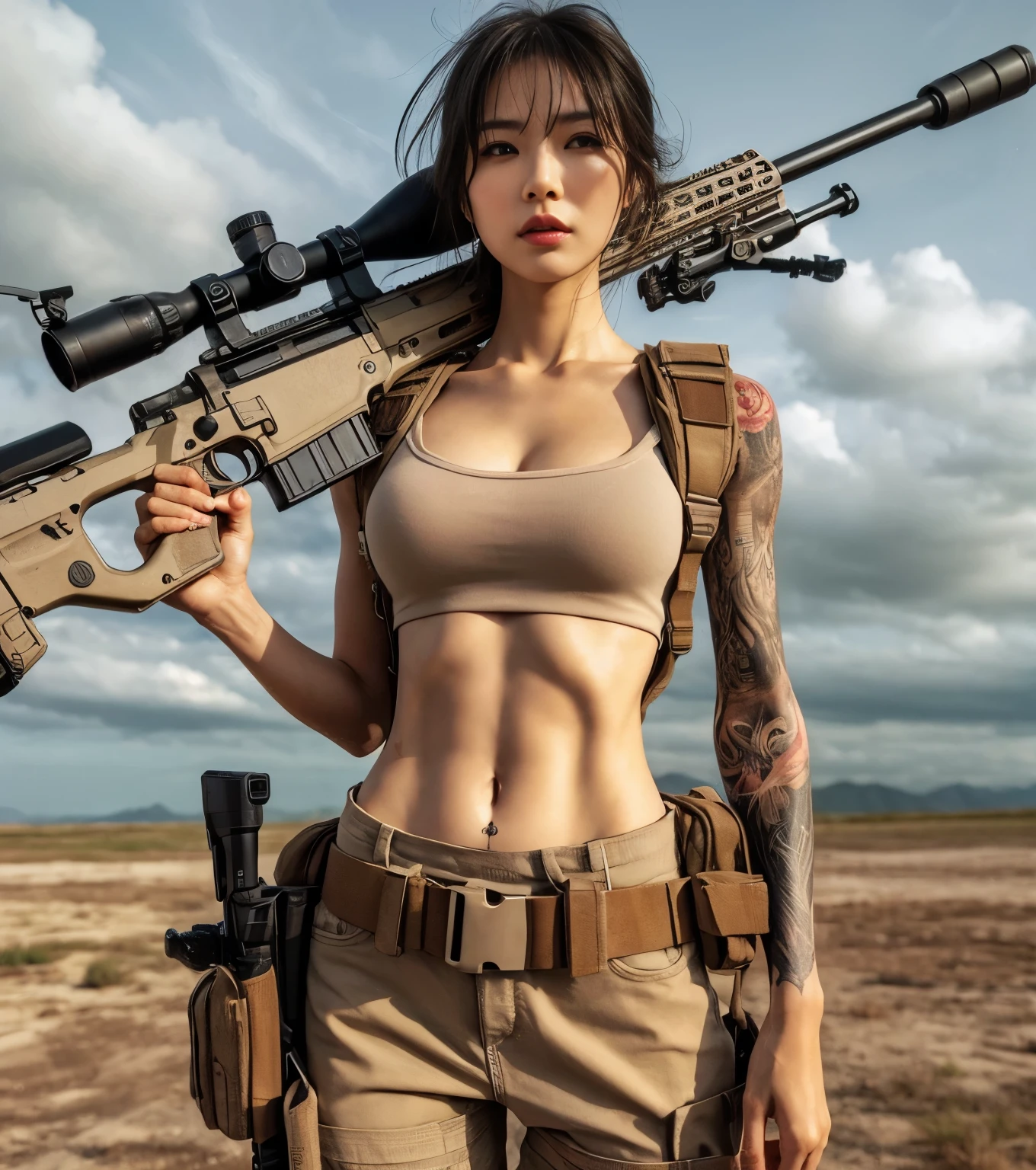 photorealistic、realistic skin texture、automatic rifle、tattoo