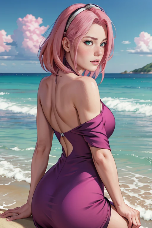 masterpiece, absurdres, sakura\(boruto\), 1girl, solo, mature female, wearing purple gown, perfect composition, detailed lips, medium breast, beautiful face, body proportion, perfect anatomy, blush, (pink lips), long pink hair, hair over shoulder, Green-eyed, soft gaze, super realistic, detailed, photoshoot, realistic face and body, sitting on beach, back view