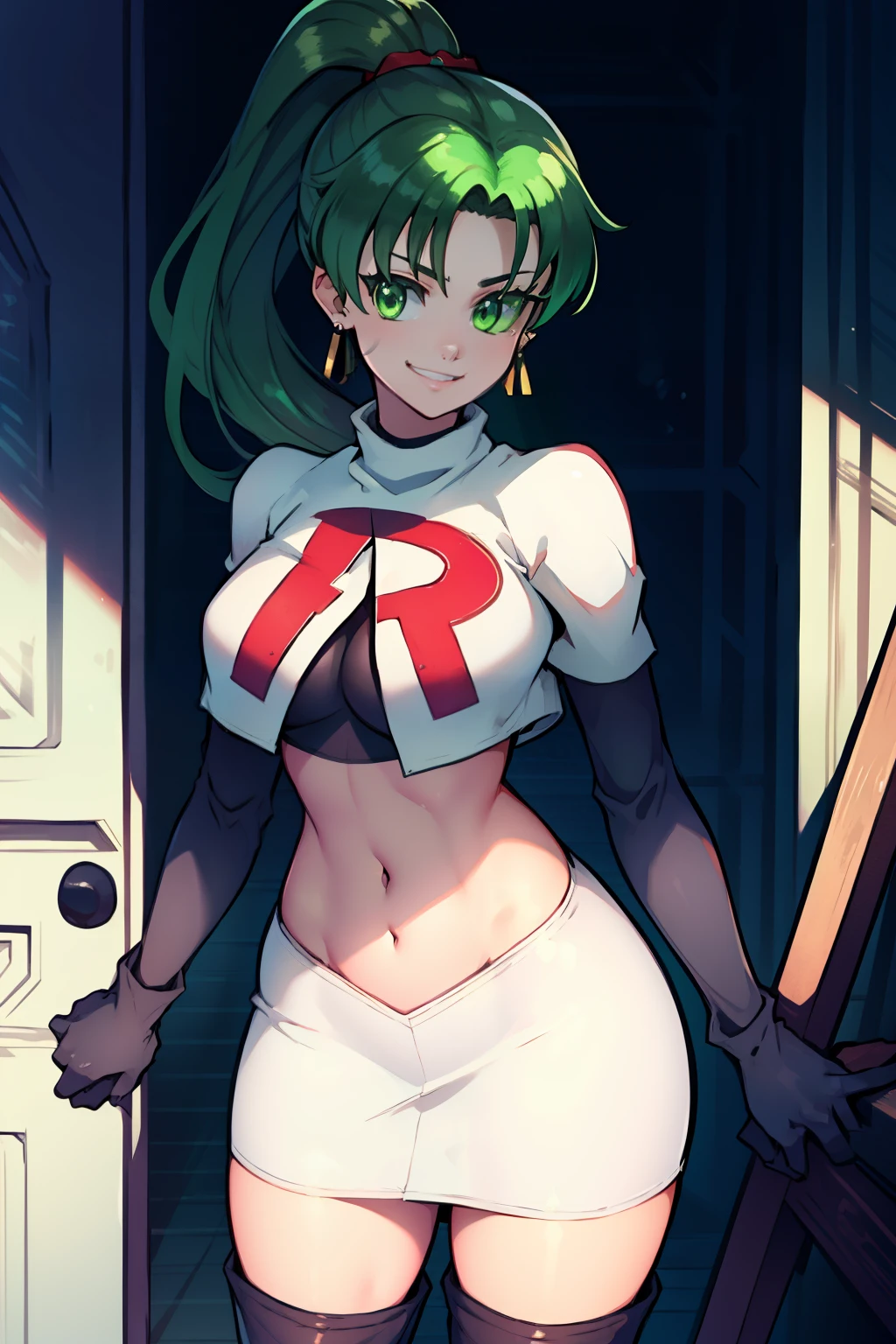 lyn, ponytail, green eyes, green hair, earrings ,team rocket uniform, red letter R, white skirt,white crop top,black thigh-high boots, black elbow gloves, evil smile, looking at viewer, cowboy shot, 