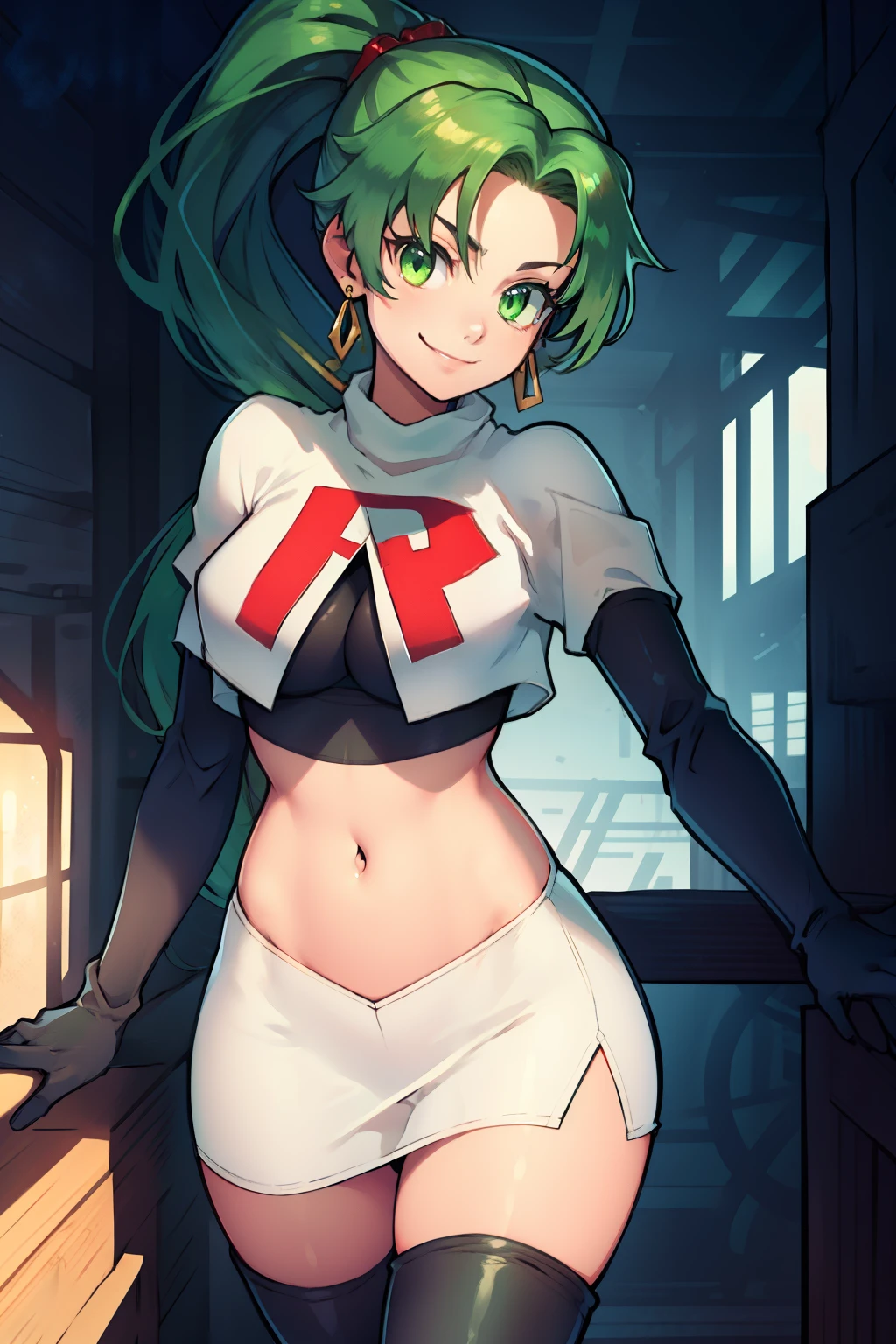 lyn, ponytail, green eyes, green hair, earrings ,team rocket uniform, red letter R, white skirt,white crop top,black thigh-high boots, black elbow gloves, evil smile, looking at viewer, cowboy shot, 