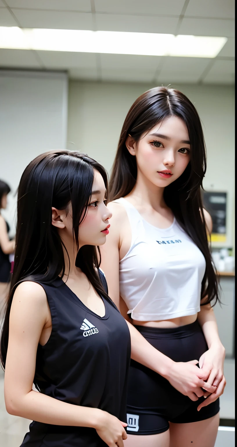 Supermodel、perfect details、beautiful girl、Three girls stare at the screen 3 girls、sportswear