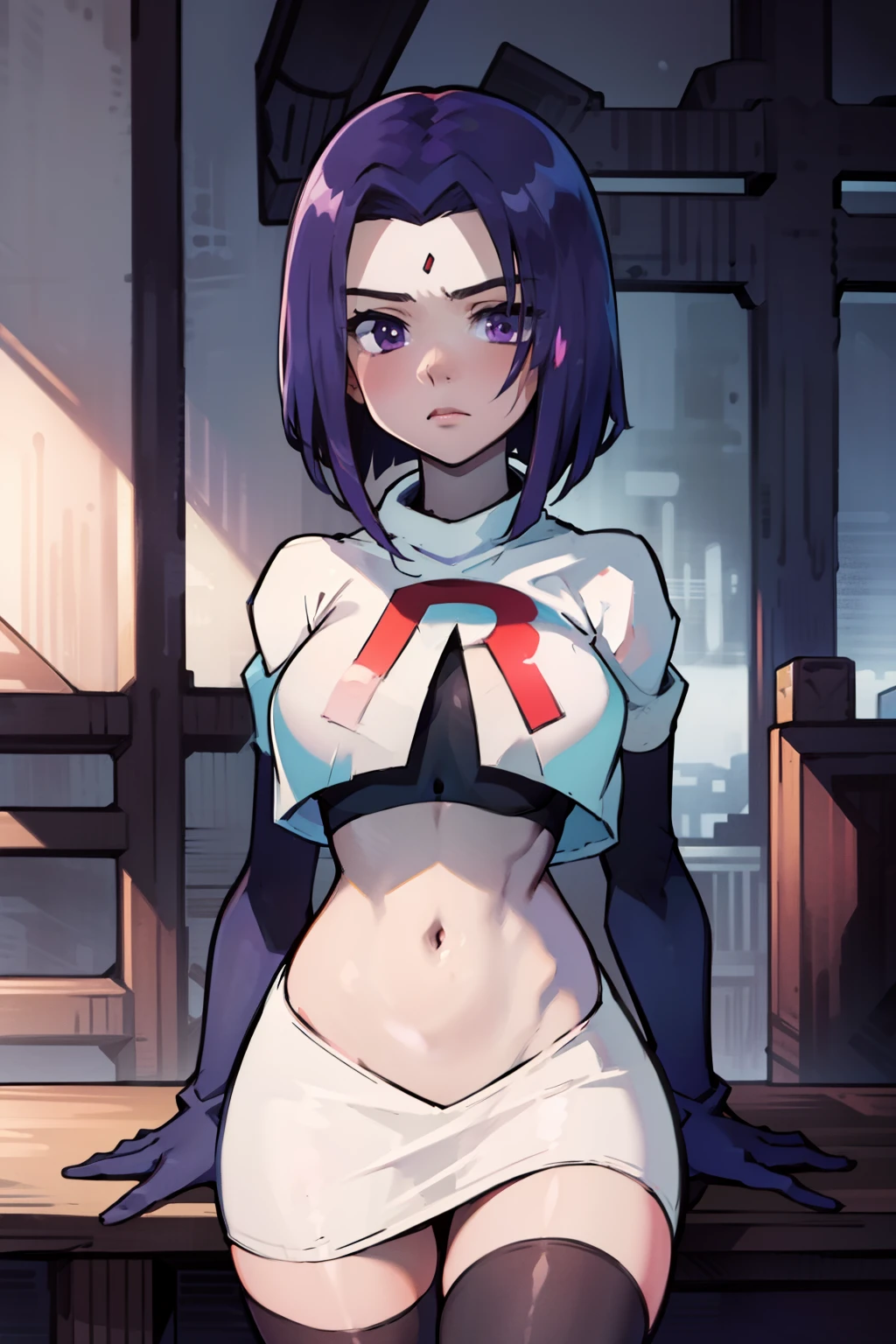 (masterpiece, best quality, ultra-detailed), RavenTT, short hair, purple eyes, (grey skin),team rocket,team rocket uniform, red letter R, white skirt,white crop top,black thigh-highs,black elbow gloves, medium breasts