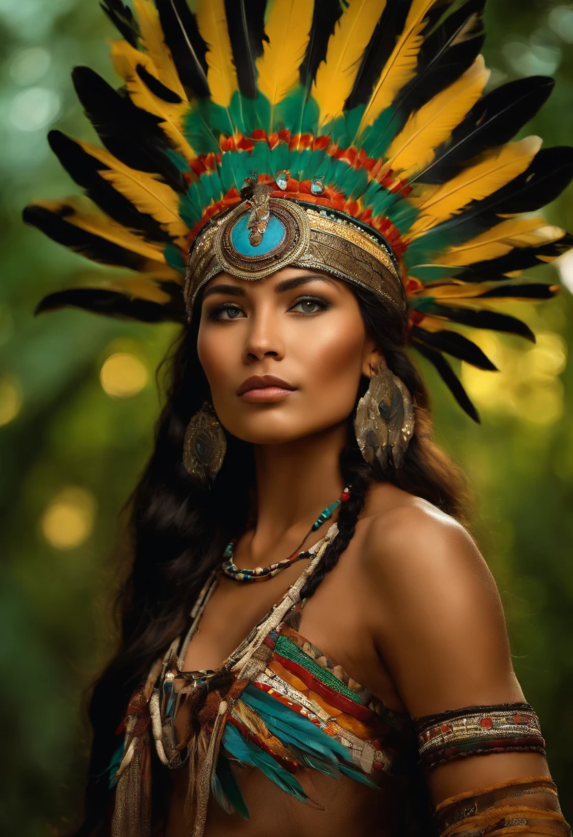 Painting of A young woman of radiant beauty, ((the most beautiful cabocla in the world)), 18 years old, indigenous, ((full body)), ((strong body, muscular legs)), ((indigenous headdress with colorful feathers on her head )), long black hair, braided over her shoulders, ((green panther eyes, magnetic)), ((square face and sunken chin)), ((strong expression of a female warrior)), ((hypnotic beauty)), sexy and sensual, indigenous body paintings, body and beauty of a Goddess, ((wearing wild animal skin)), ((in the background a sacred temple in the middle of a forest on a full moon night)), ((style of baroque painting)), ((with panthers and jaguars))