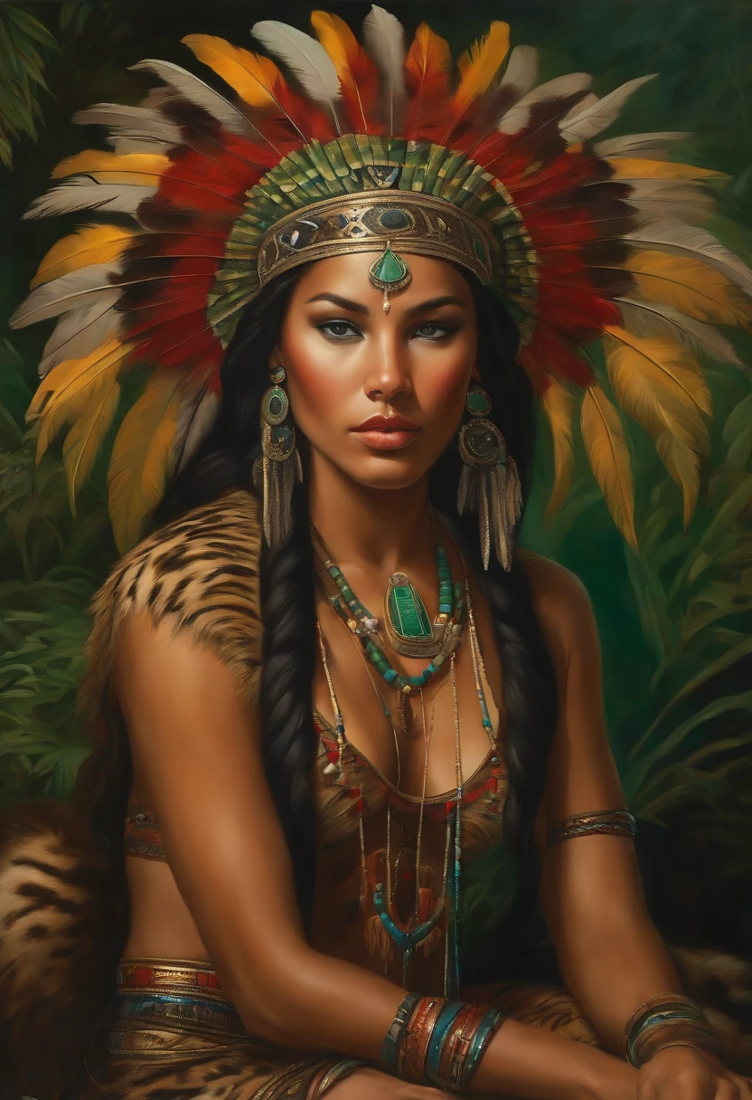Painting of A young woman of radiant beauty, ((the most beautiful cabocla in the world)), 18 years old, indigenous, ((full body)), ((strong body, muscular legs)), ((indigenous headdress with colorful feathers on her head )), long black hair, braided over her shoulders, ((green panther eyes, magnetic)), ((square face and sunken chin)), ((strong expression of a female warrior)), ((hypnotic beauty)), sexy and sensual, indigenous body paintings, body and beauty of a Goddess, ((wearing wild animal skin)), ((in the background a sacred temple in the middle of a forest on a full moon night)), ((style of baroque painting)), ((with panthers and jaguars))
