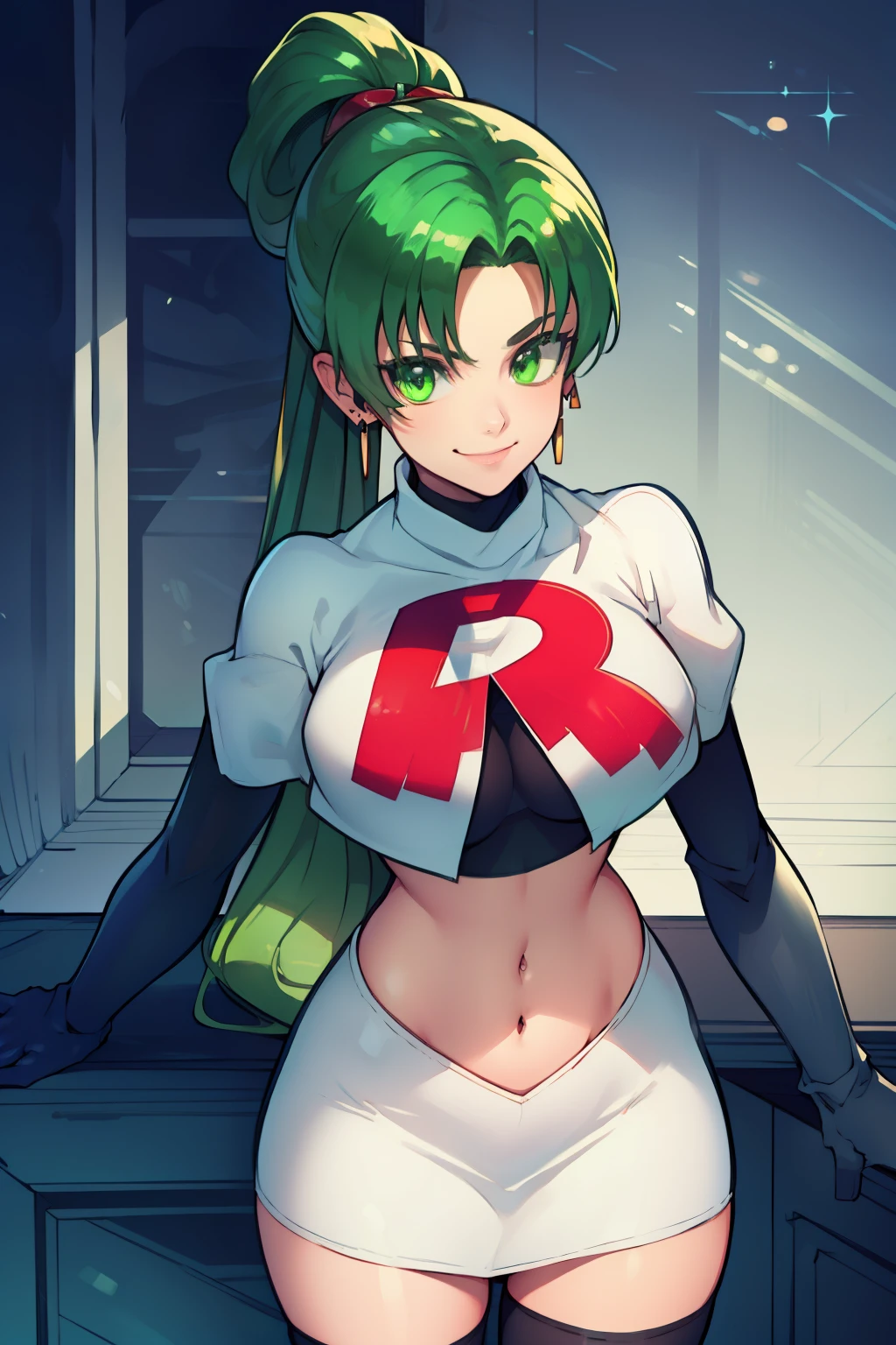 lyn, ponytail, green eyes, green hair, earrings ,team rocket uniform, red letter R, white skirt,white crop top,black thigh-high boots, black elbow gloves, evil smile, looking at viewer, cowboy shot, 