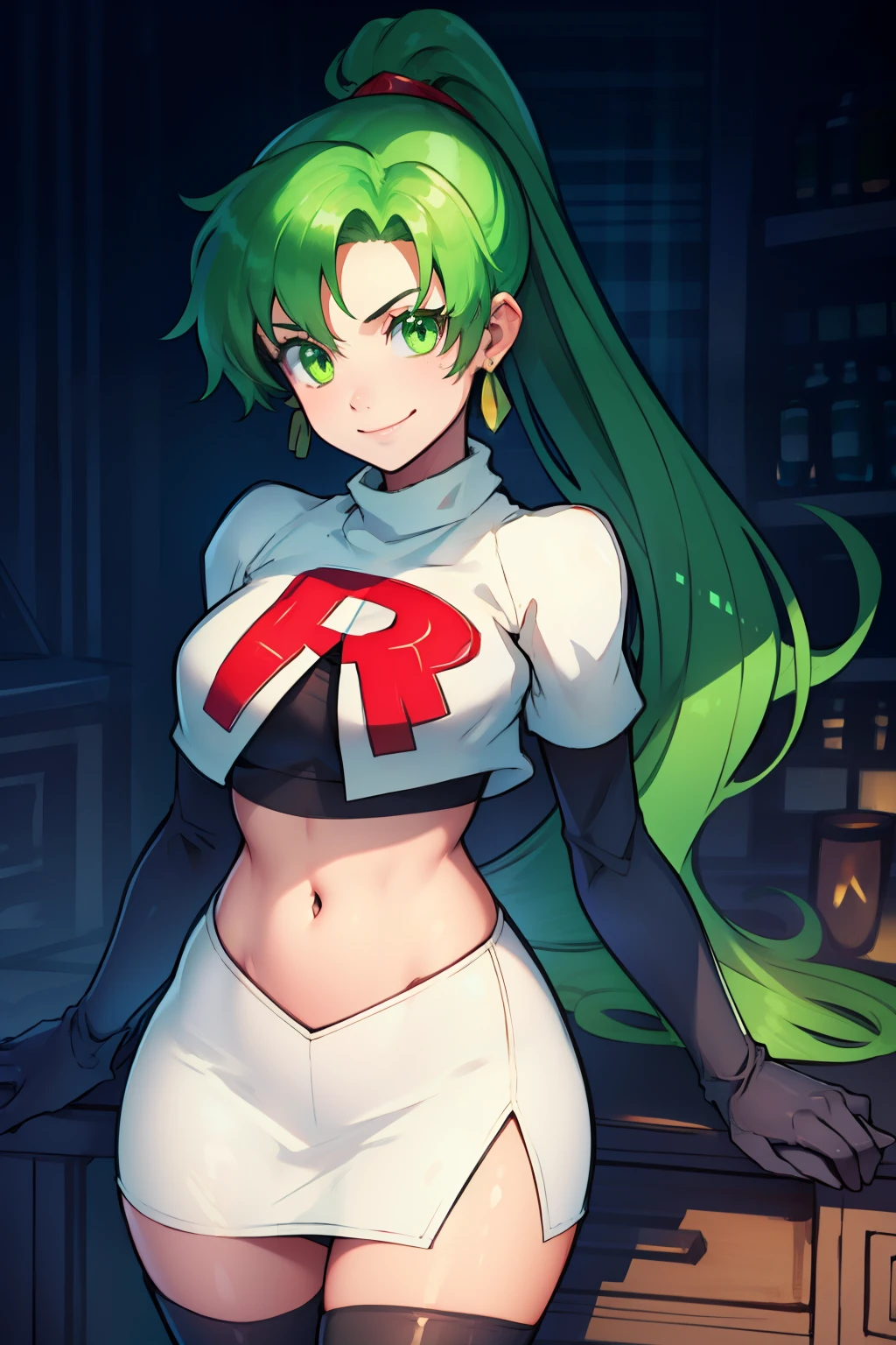lyn, ponytail, green eyes, green hair, earrings ,team rocket uniform, red letter R, white skirt,white crop top,black thigh-high boots, black elbow gloves, evil smile, looking at viewer, cowboy shot,