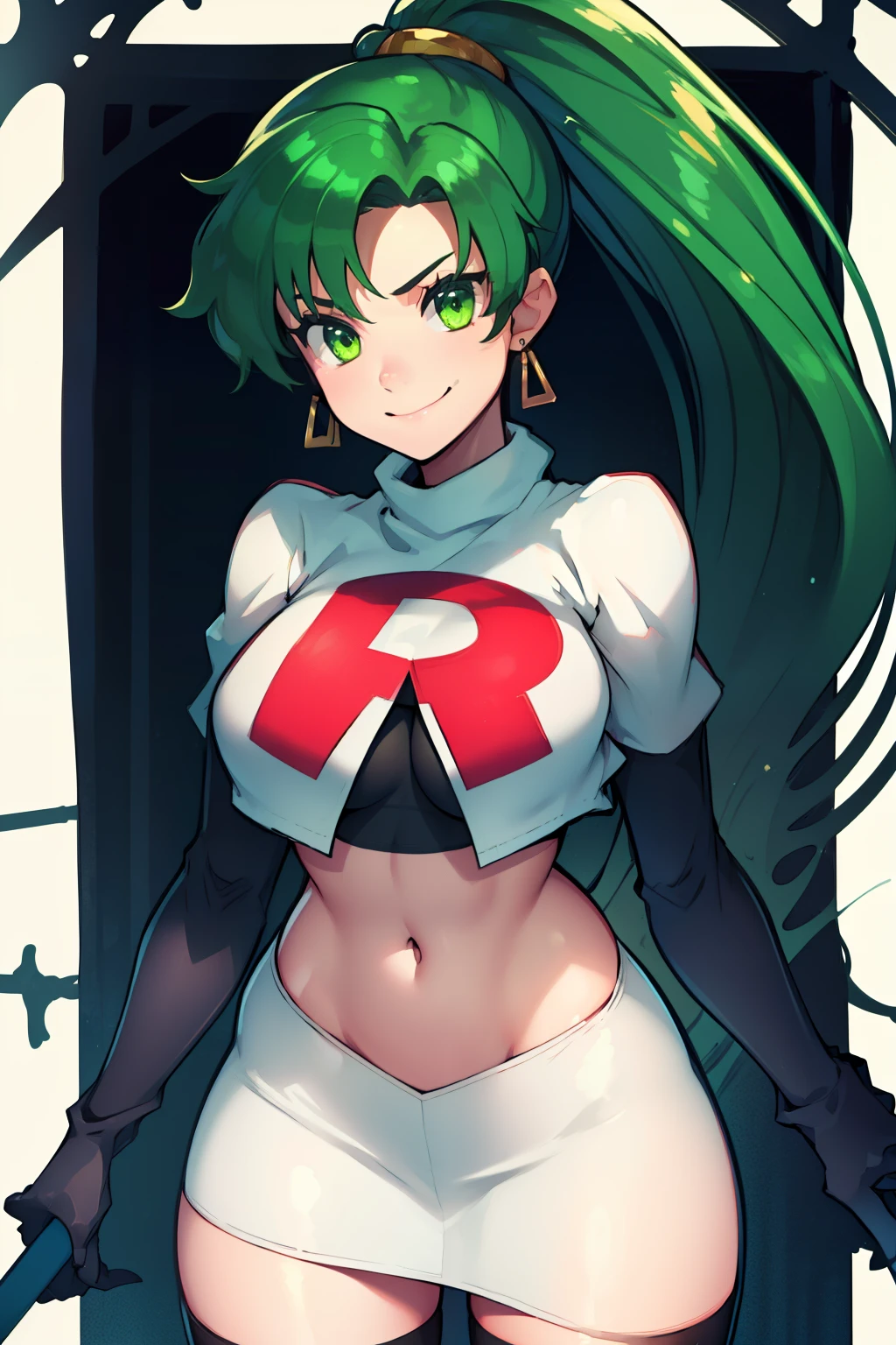 lyn, ponytail, green eyes, green hair, earrings ,team rocket uniform, red letter R, white skirt,white crop top,black thigh-high boots, black elbow gloves, evil smile, looking at viewer, cowboy shot, 