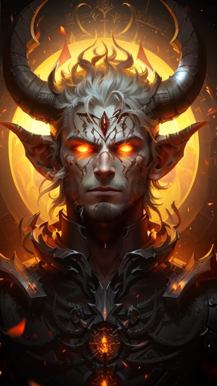 Close-up of a horned head,Glowing light in the background, Dark God Digital Concept Art, Suitable for a male devil with white horns, demon lord, portrait of devil, djinn man male devil, Demon's Souls Concept Art, man male devil, Dark God concept art, human male devil, horned god, Devil man, tiefling, Male god-human-demon hybrid