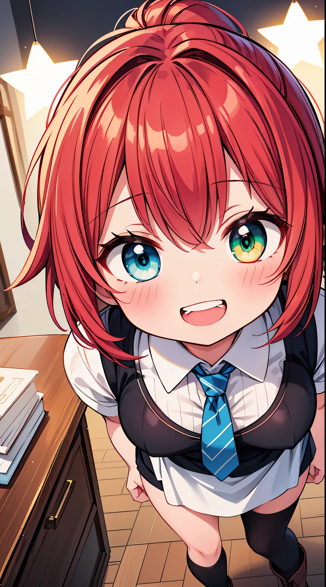 (masterpiece, top quality, best quality, official art, beautiful and aesthetic:1.2),ultra-detailed,intricate details,amazing illustration,award-winning art,atmospheric,
BREAK, 1 beautiful girl, (kawaii:1.5), (Chibi: 0.8), (kawaii: 1.5), (Lori: 0.5), (17 years old girl), BREAK(Red hair, short-hair,Two bunsThe hair:1.4),(:D,grin:1.3),( Heterochromia,The blue eye,The green eye, Eye Highlights,The first hyperfine stars:1.45) star the eye silhouette thick eyelashes, naked boobs double eyelids:1.2),(de pele branca),BREAK,Clear skin,Beautiful skin, ,(top quality faces),(The eye shines with the highest quality),(best lol faces,:D:1.45),
BREAK,arms below breasts,
BREAK, necktie, leather jacket, plaid skirt, belt, boots, black legwear,
BREAK,
standing, (messy room:1.2), white apron, ponytail, (from above:0.8), brown hair, (troubled face:1.2)
BREAK,(Blurry background:1.3),(absurderes, hight resolution, Super Detail Art),cel shading,Clear Color, Lonely optical effect, Beautiful pictures, Bright glow, mystic atmosphere,(Close-up of girl:1.1), Mystical light particle effect,manga influence, clean line drawings,
