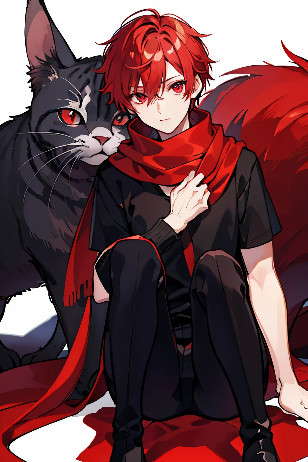 male red short hair red eyes Scarf Sweaters slacks Cuddle your cat handsome man Knee-high boots masterpiece Highest image quality noise removal clear parts cinematic shadow Increased attractiveness of the eyes clear parts the shine of the eyes Draw eyelashes neatly perfect eyes detailed eyes Sharpen image quality Sharpen eye writing clear parts eye shape