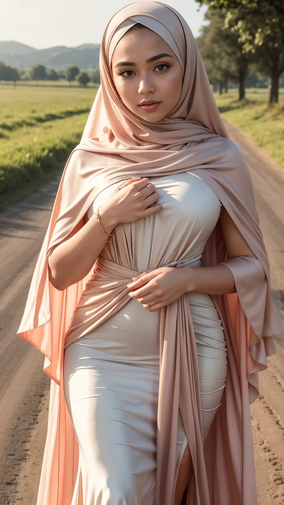 Close up),RAW, Best quality, high resolution, masterpiece: 1.3), Beautiful Malay woman in hijab,perfect fit body, big breast,sthick thighs,big beautiful eyes, Soft smile, beautiful face,very beutifull face,lip glosy, watery eyes, close up of a woman in a long dress standing on a gravel road, modest flowing gown, long dress female, full covered dress, soft silk dress, beautiful soft silky dress, elegant cape, light half opened dress, malay dress, with cape, beautiful silky dress, dress in voile, in shades of peach, long dress, flowing dress, long cape, dress and cloth Great lighting, Bright colors, Clean lines