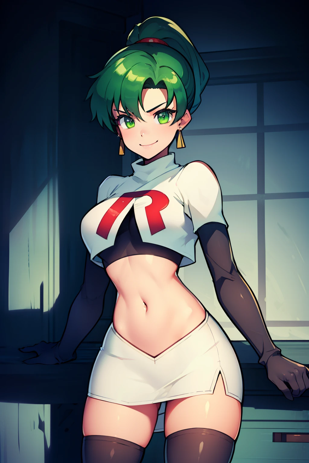 lyn, ponytail, green eyes, green hair, earrings ,team rocket uniform, red letter R, white skirt,white crop top,black thigh-high boots, black elbow gloves, evil smile, looking at viewer, cowboy shot, 